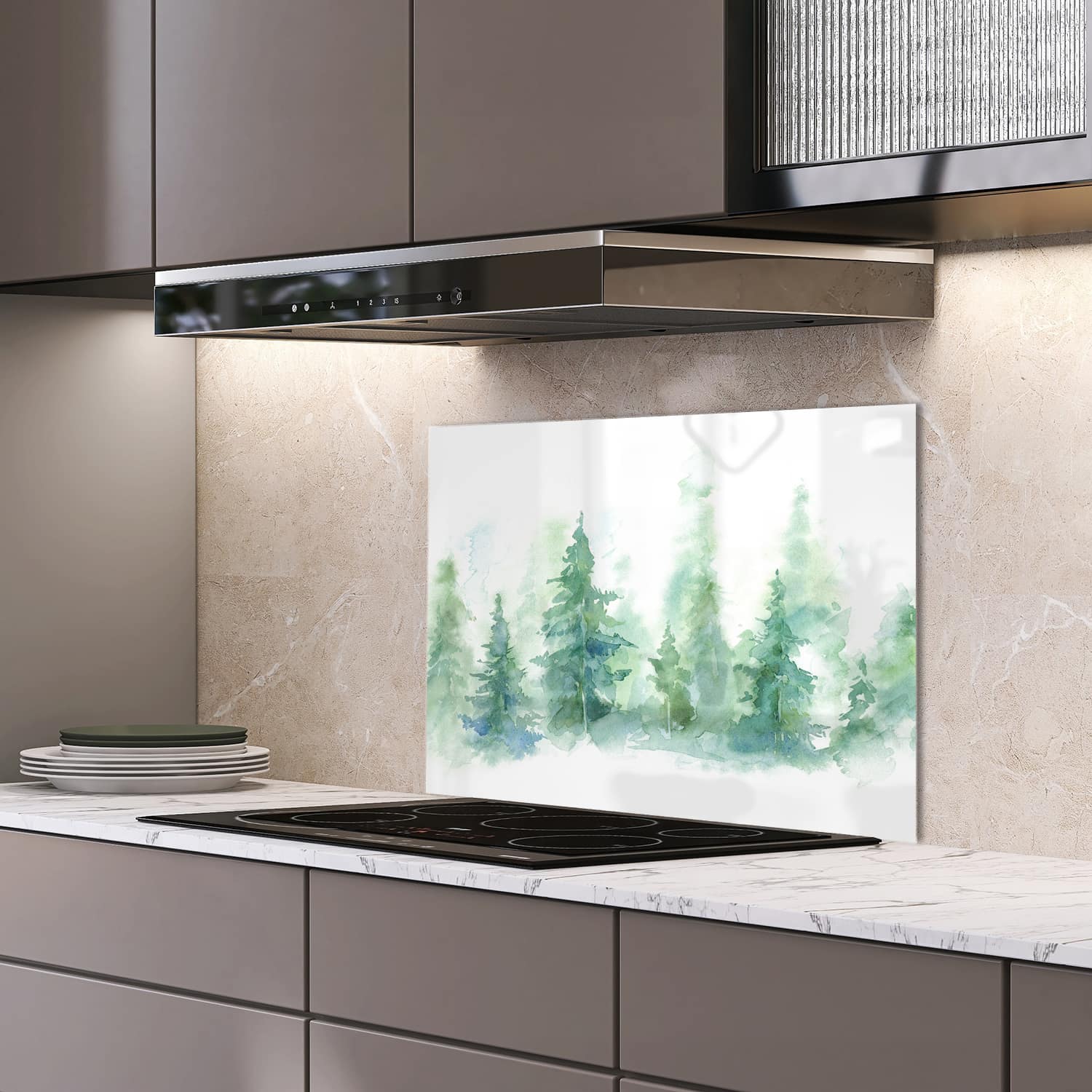 Eigen afmeting spatscherm-op-maat Keuken - Hittebestendig gehard glas - Waterverf Bos Schilderij