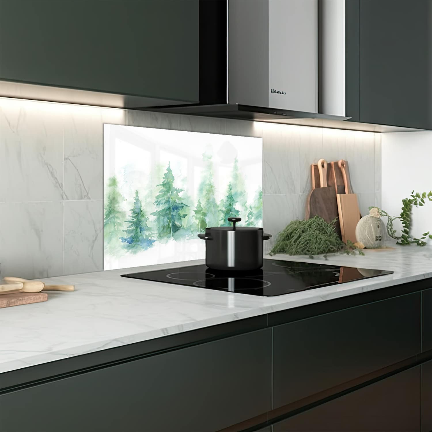 Eigen afmeting spatscherm-op-maat Keuken - Hittebestendig gehard glas - Waterverf Bos Schilderij