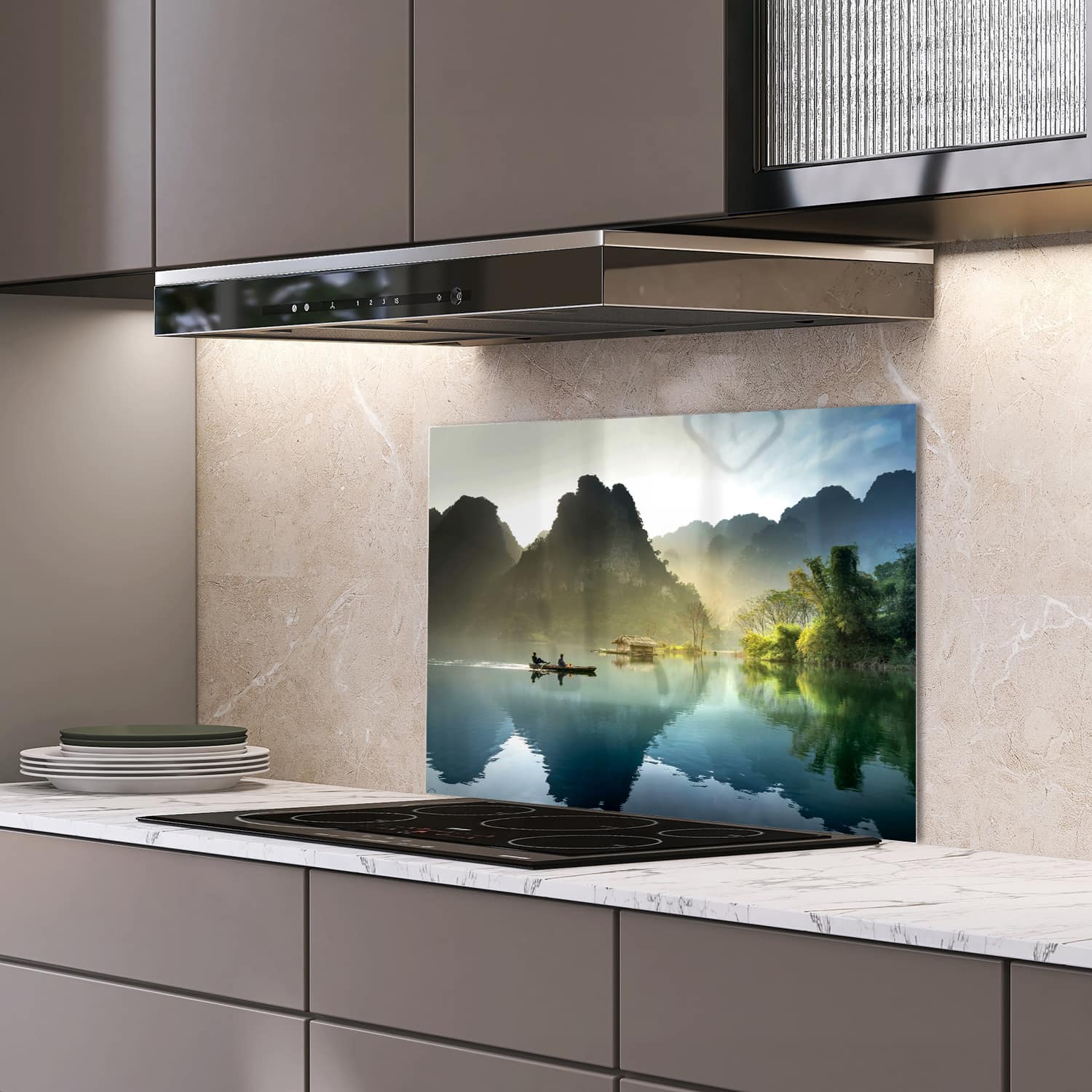 Eigen afmeting spatscherm-op-maat Keuken - Hittebestendig gehard glas - Mistige Bergen