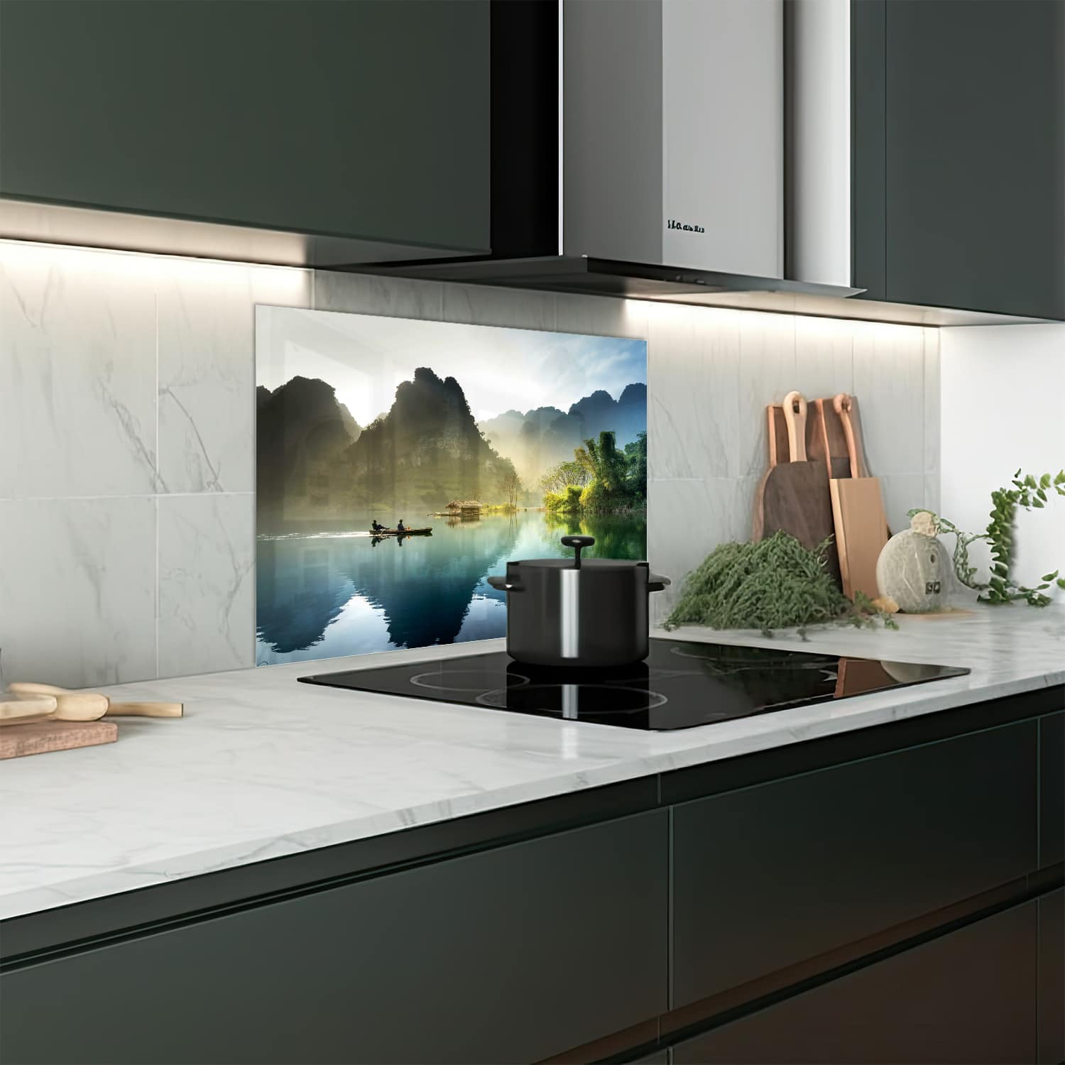 Eigen afmeting spatscherm-op-maat Keuken - Hittebestendig gehard glas - Mistige Bergen