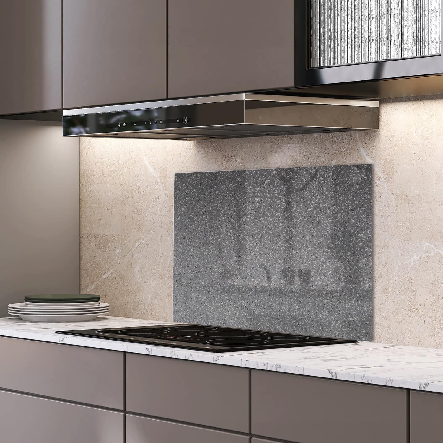Eigen afmeting spatscherm-op-maat Keuken - Hittebestendig gehard glas - Grijs Graniet