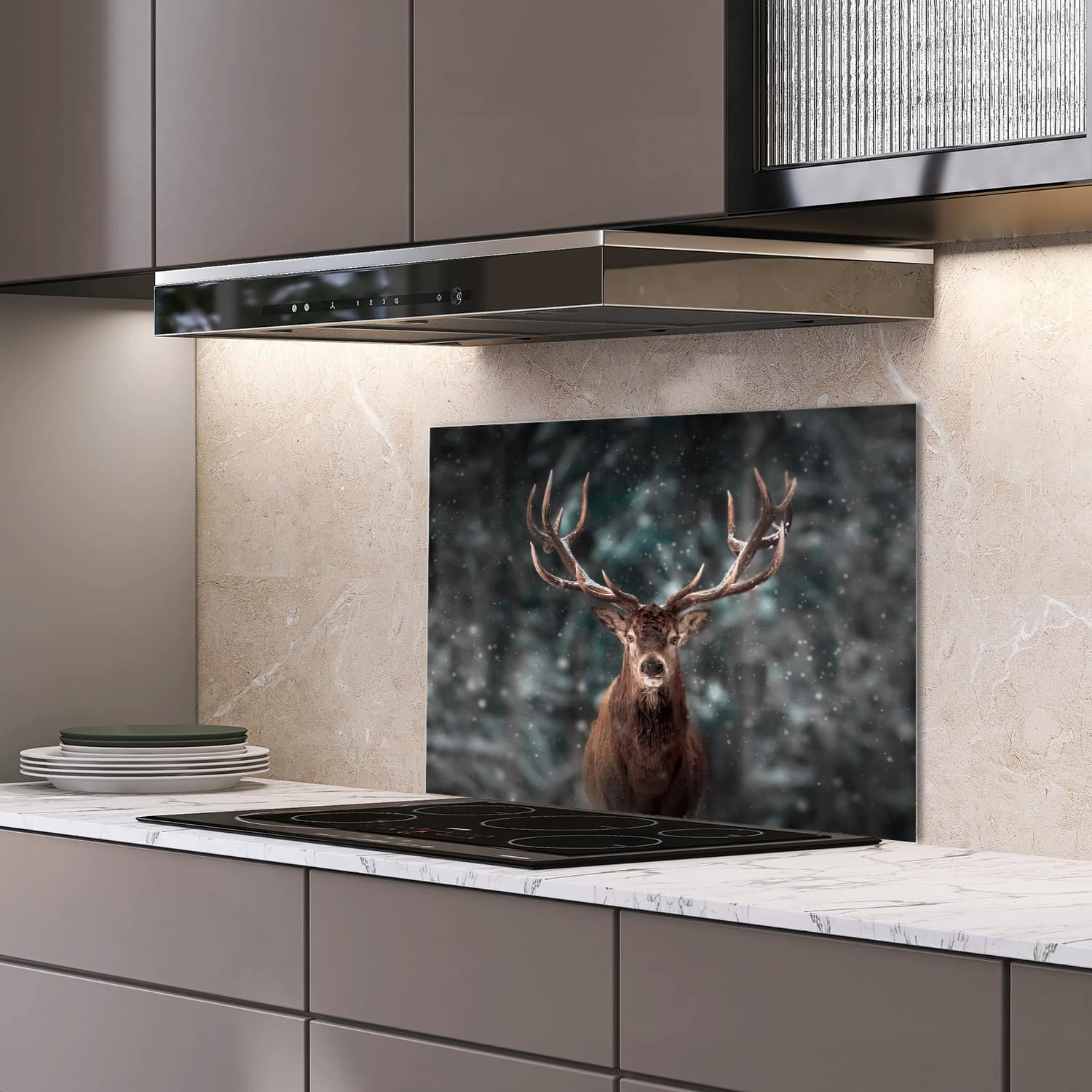 Eigen afmeting spatscherm-op-maat Keuken - Hittebestendig gehard glas - Edelhert in de Winter