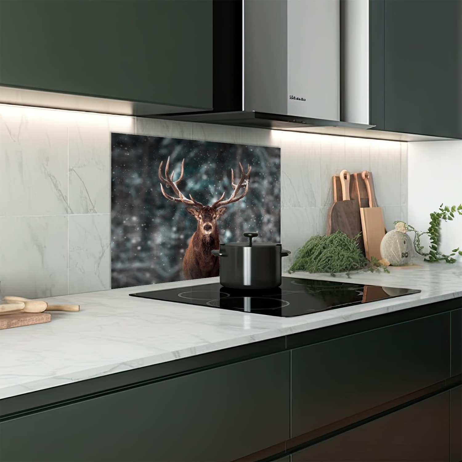 Eigen afmeting spatscherm-op-maat Keuken - Hittebestendig gehard glas - Edelhert in de Winter