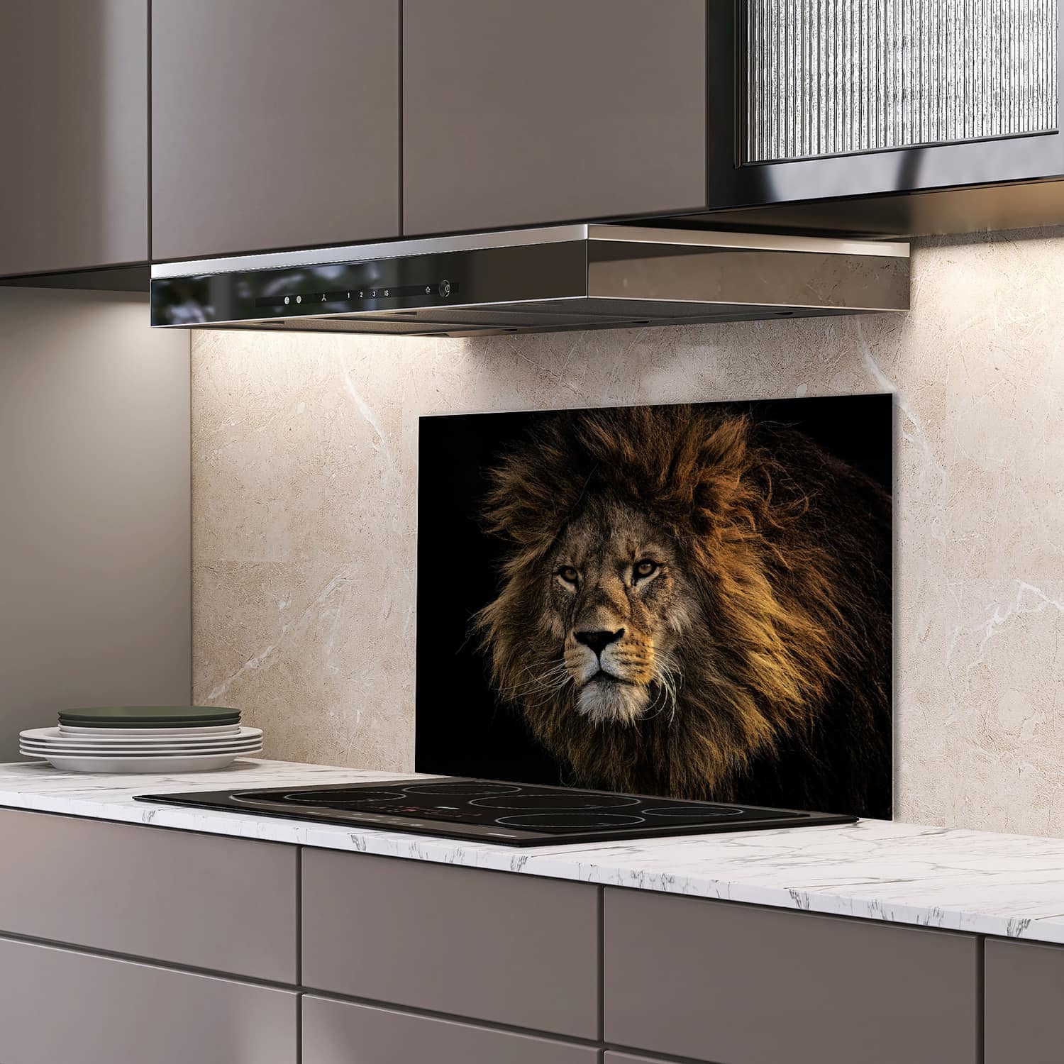 Eigen afmeting spatscherm-op-maat Keuken - Hittebestendig gehard glas - Leeuw in de Schaduw