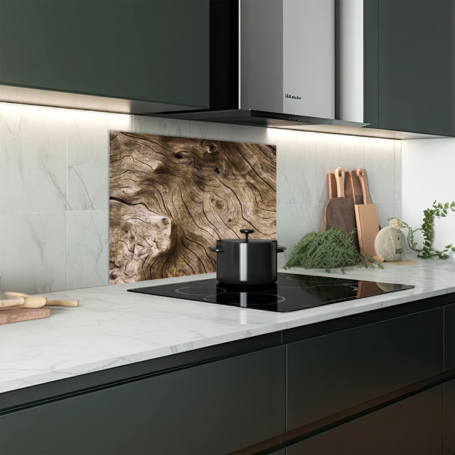 Eigen afmeting spatscherm-op-maat Keuken - Hittebestendig gehard glas - Drijfhout