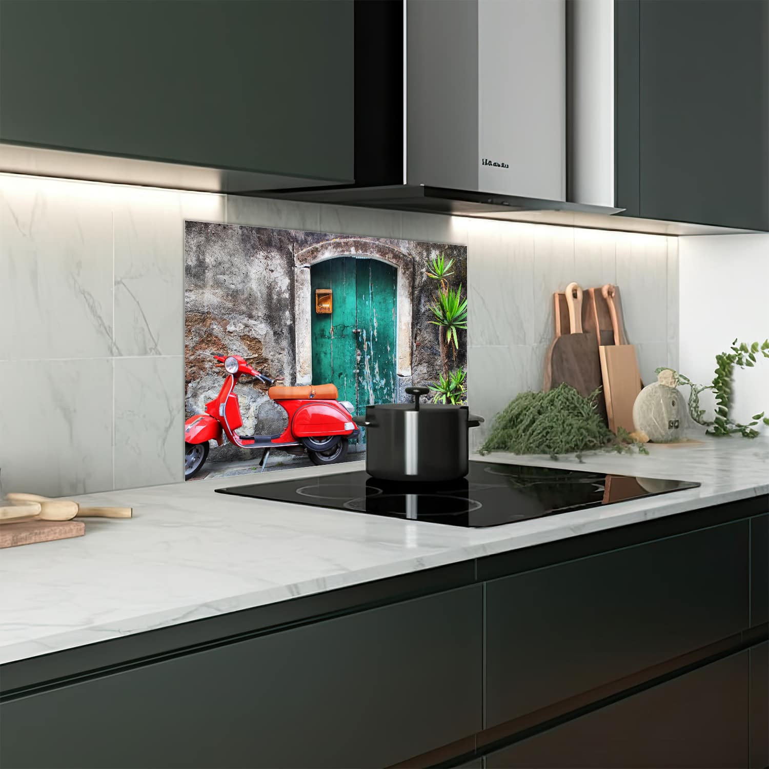 Eigen afmeting spatscherm-op-maat Keuken - Hittebestendig gehard glas - Retro Scooter bij Oude Deur