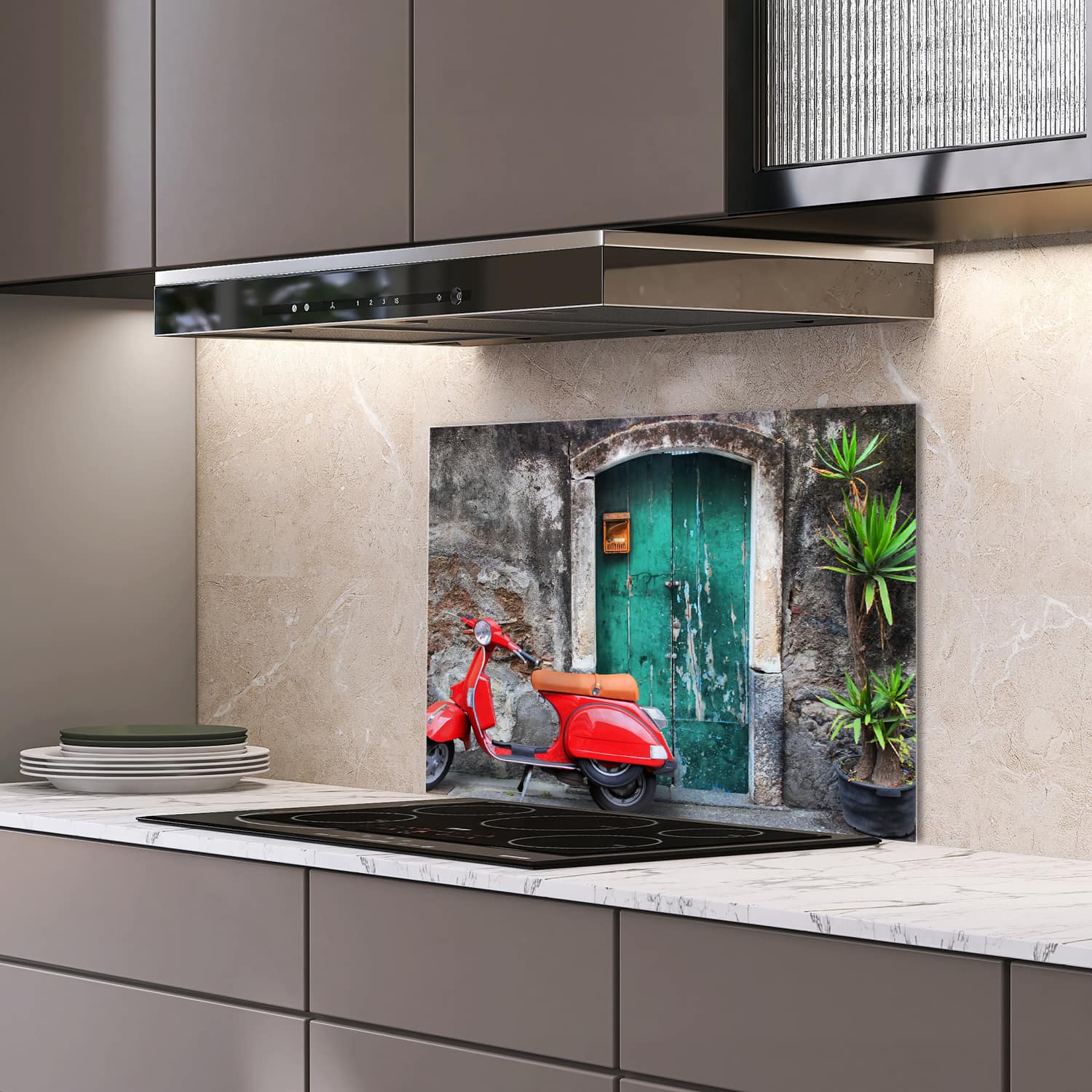 Eigen afmeting spatscherm-op-maat Keuken - Hittebestendig gehard glas - Retro Scooter bij Oude Deur