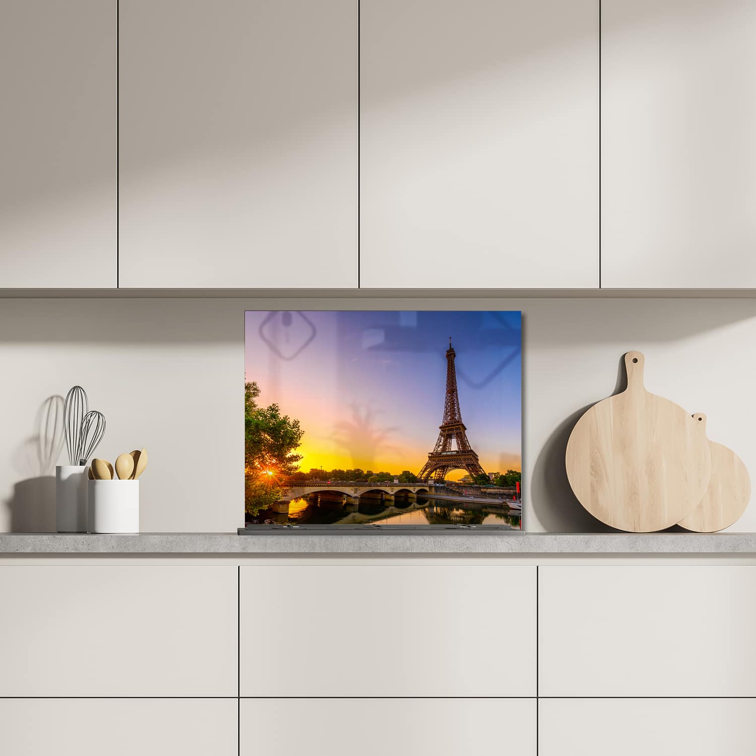 Eigen afmeting spatscherm-op-maat Keuken - Hittebestendig gehard glas - Eiffeltoren bij Zonsopgang