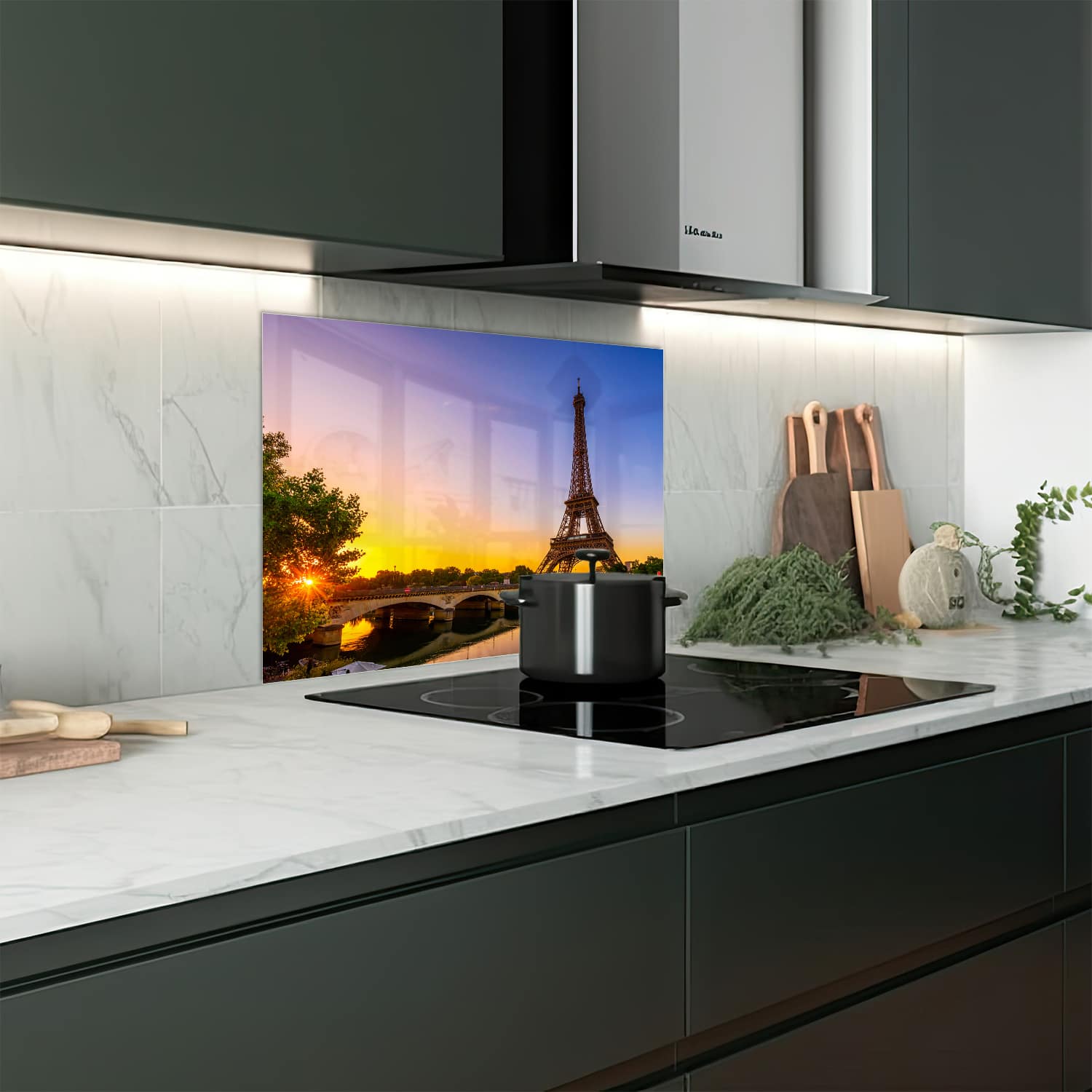 Eigen afmeting spatscherm-op-maat Keuken - Hittebestendig gehard glas - Eiffeltoren bij Zonsopgang