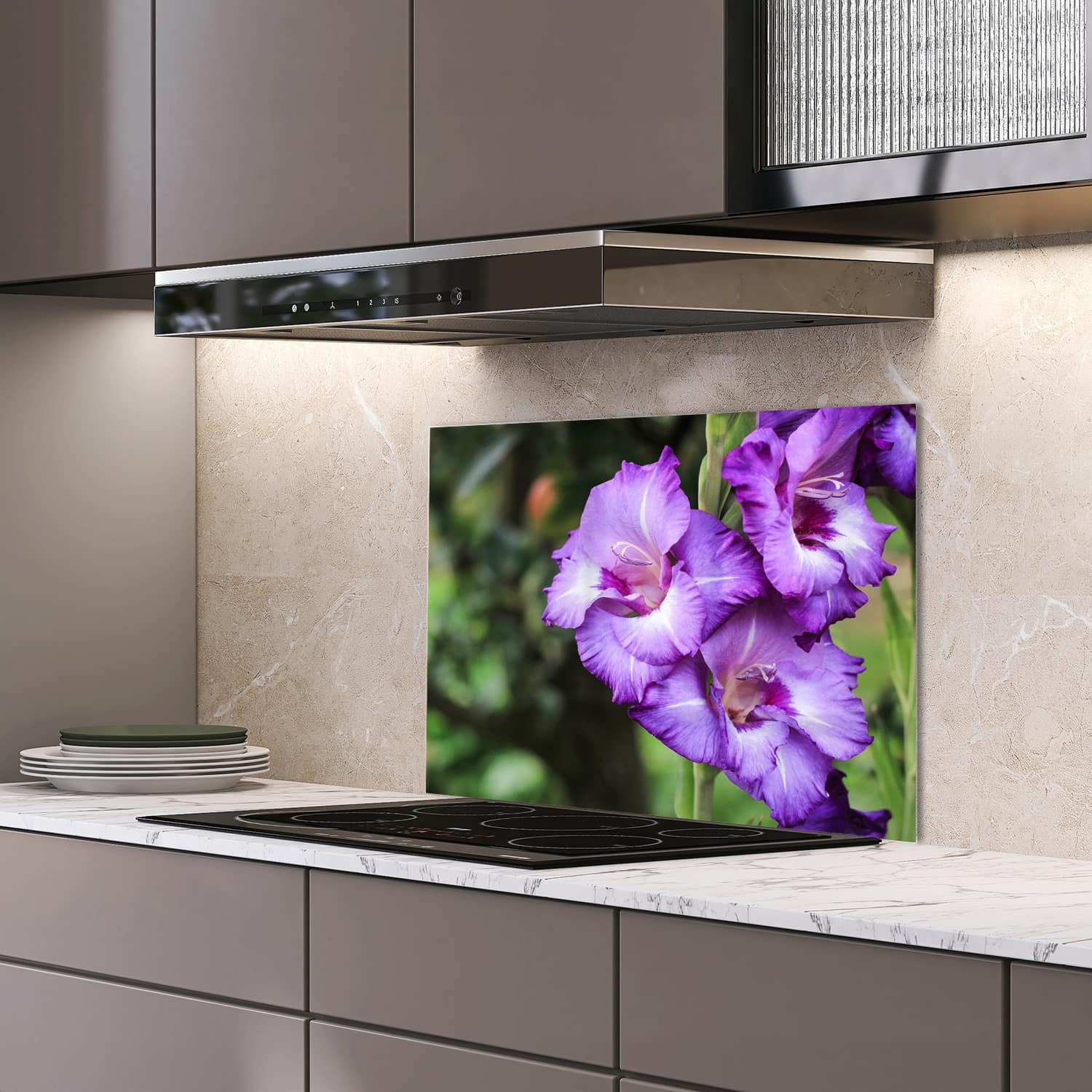 Eigen afmeting spatscherm-op-maat Keuken - Hittebestendig gehard glas - Paarse Gladiolen