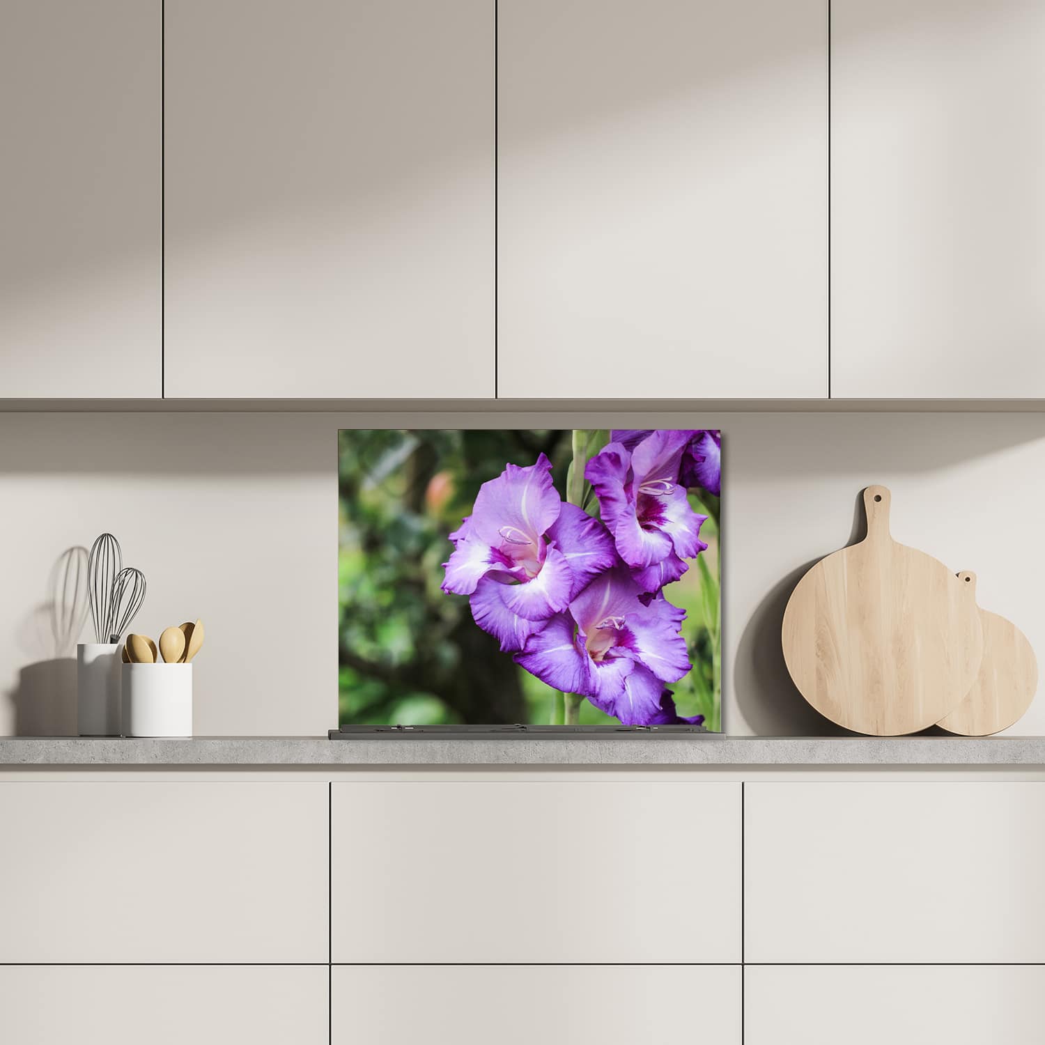 Eigen afmeting spatscherm-op-maat Keuken - Hittebestendig gehard glas - Paarse Gladiolen