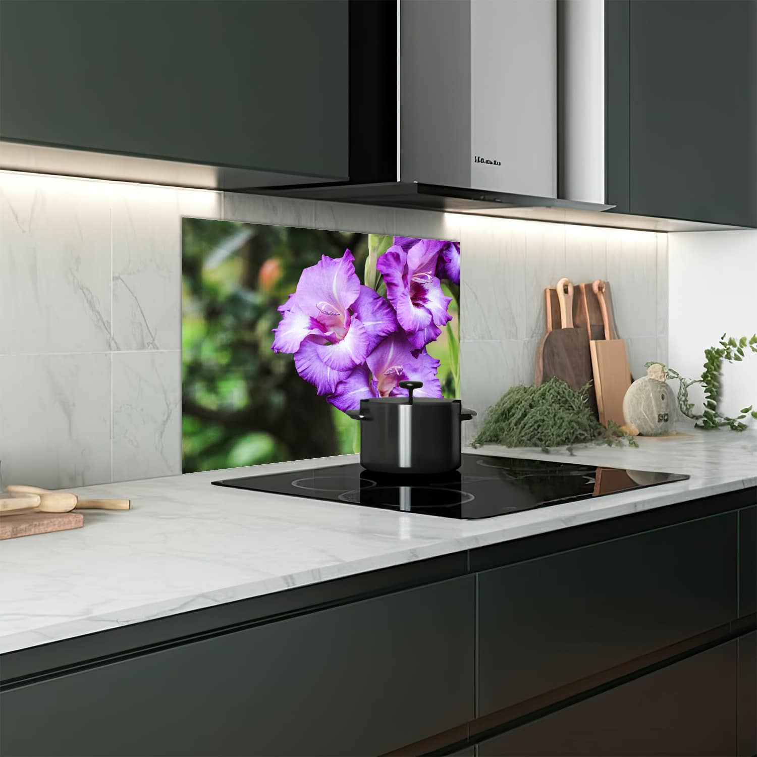 Eigen afmeting spatscherm-op-maat Keuken - Hittebestendig gehard glas - Paarse Gladiolen