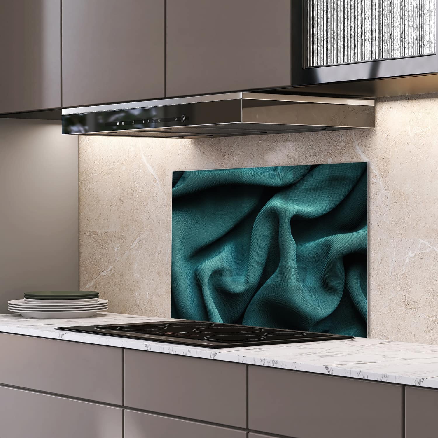 Eigen afmeting spatscherm-op-maat Keuken - Hittebestendig gehard glas - Groene Stof Textuur