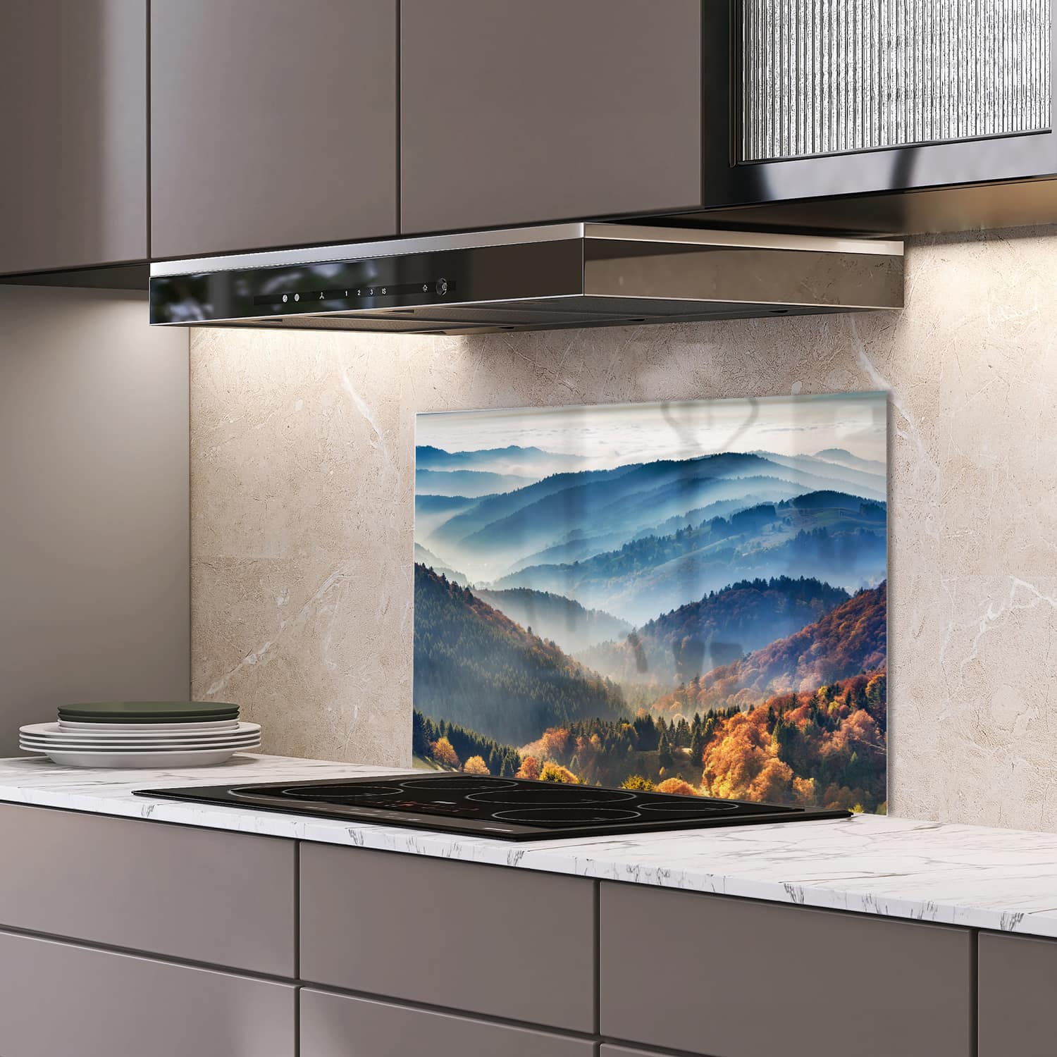 Eigen afmeting spatscherm-op-maat Keuken - Hittebestendig gehard glas - Bergen Landschap