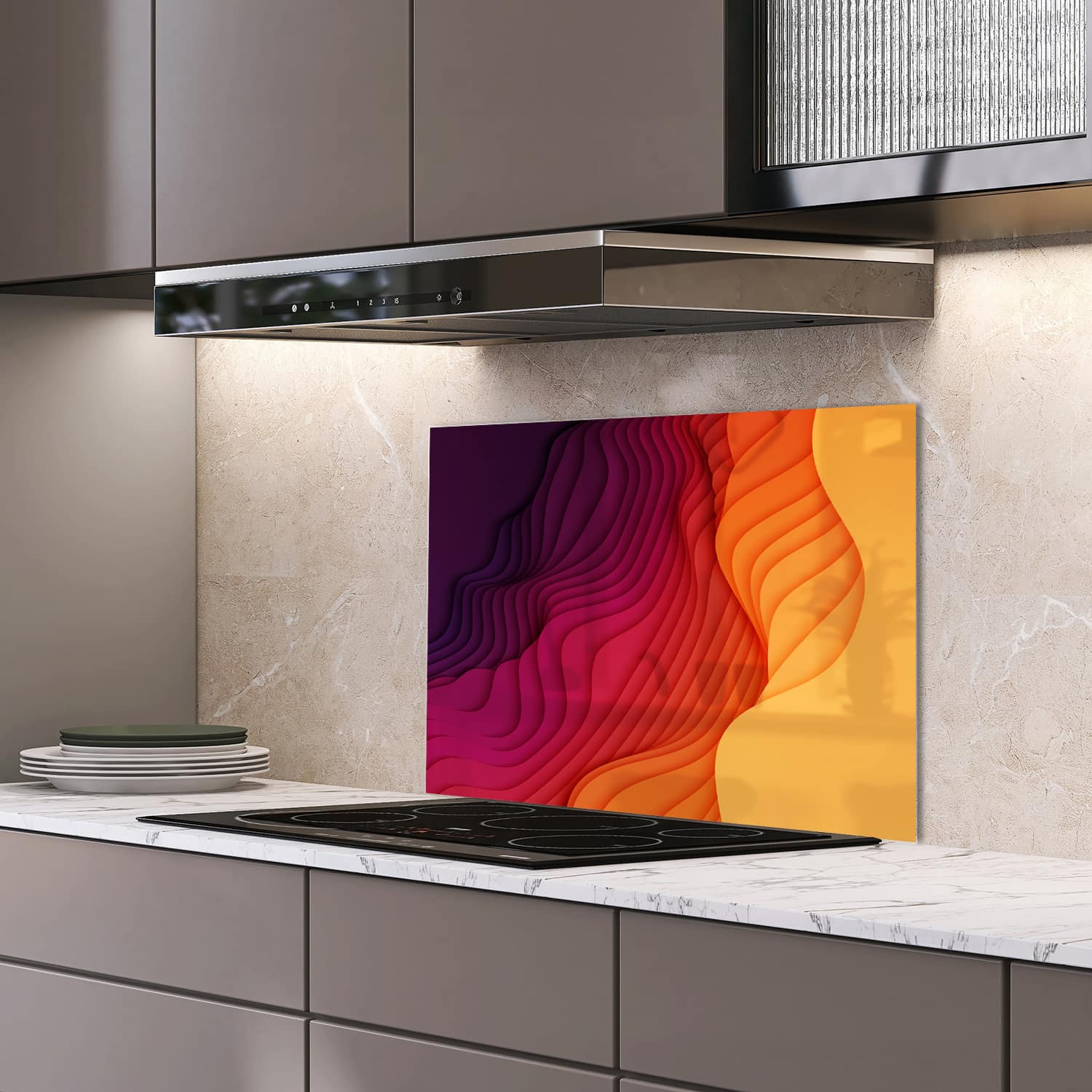 Eigen afmeting spatscherm-op-maat Keuken - Hittebestendig gehard glas - Kleurrijke Papiergesneden Vormen