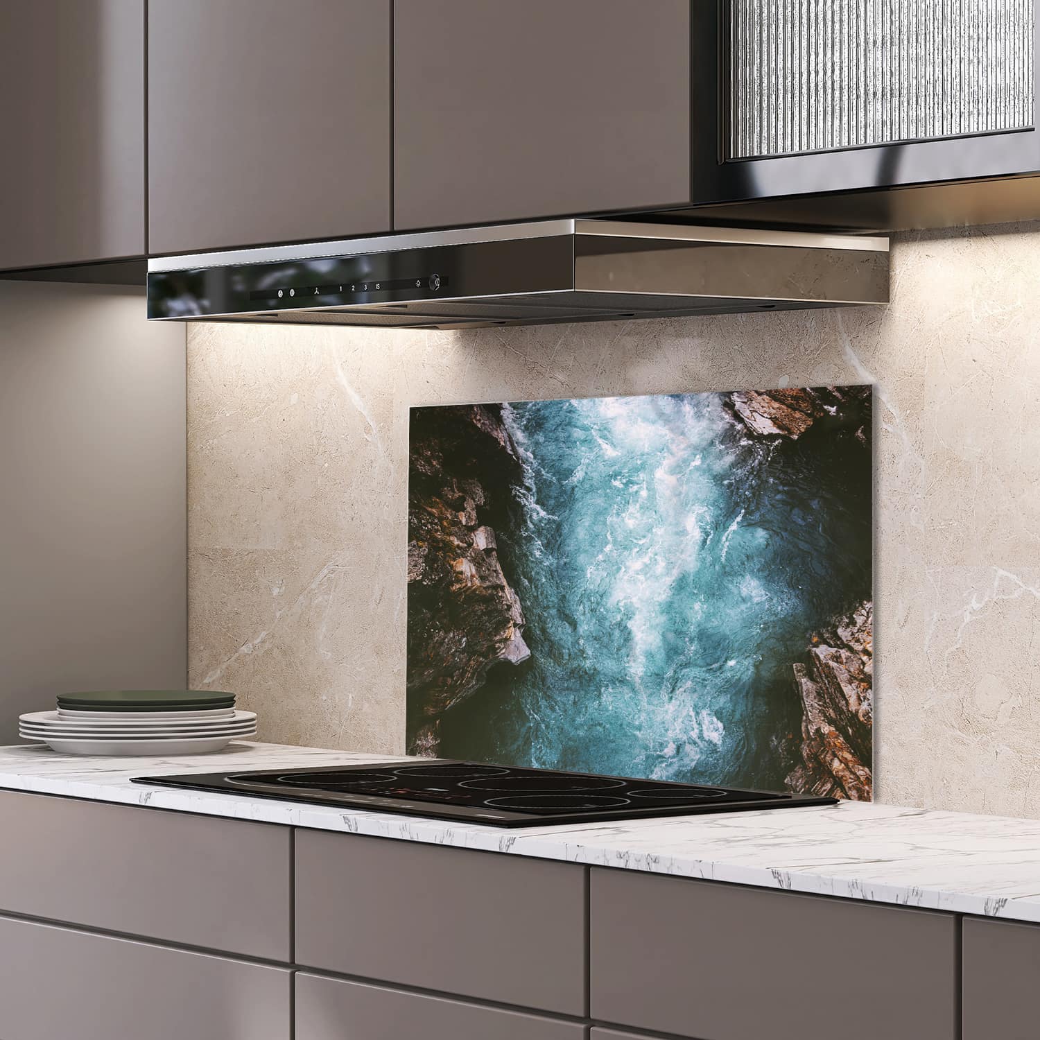 Eigen afmeting spatscherm-op-maat Keuken - Hittebestendig gehard glas - Rivier Canyon in Zweden