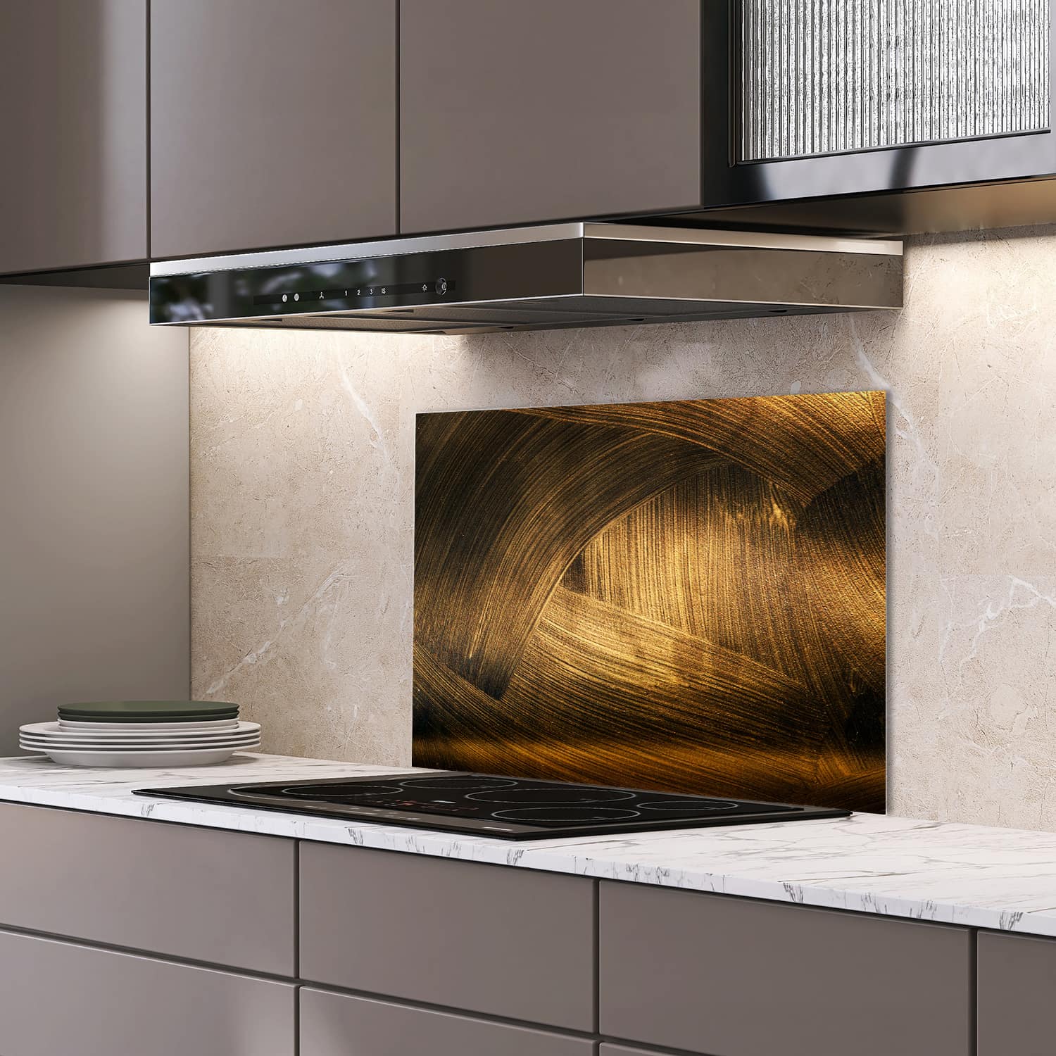 Eigen afmeting spatscherm-op-maat Keuken - Hittebestendig gehard glas - Gouden Vegen
