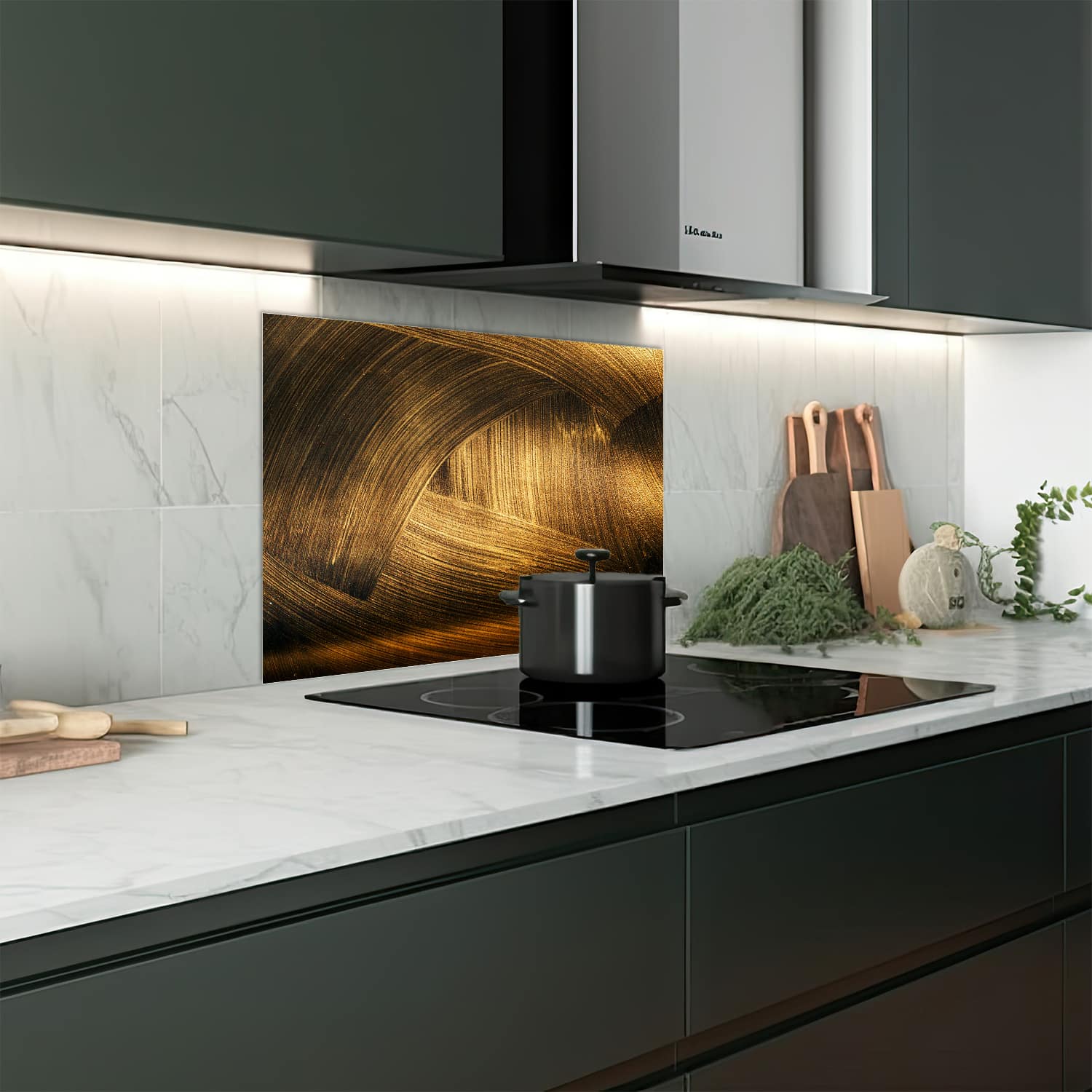 Eigen afmeting spatscherm-op-maat Keuken - Hittebestendig gehard glas - Gouden Vegen
