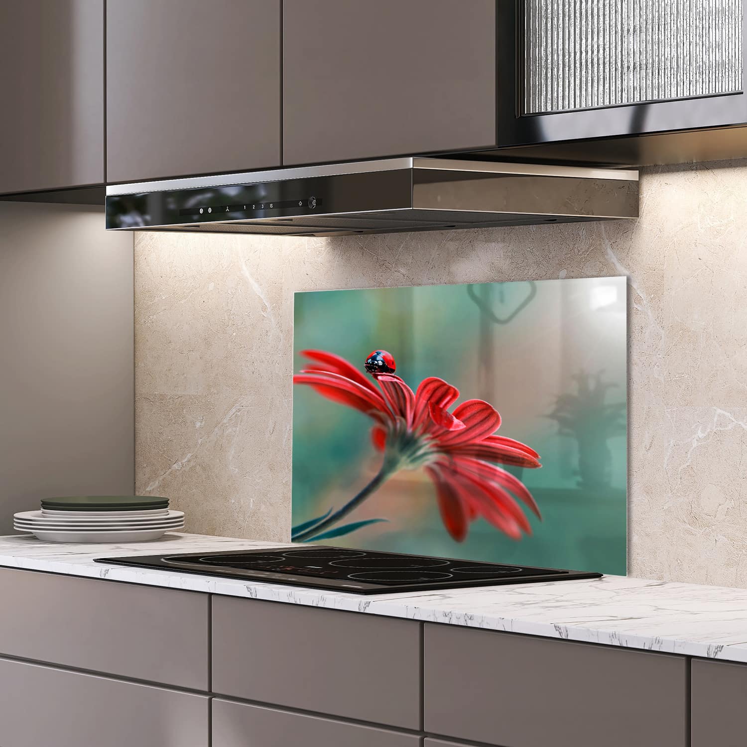 Eigen afmeting spatscherm-op-maat Keuken - Hittebestendig gehard glas - Lieveheersbeestje op Rode Bloem