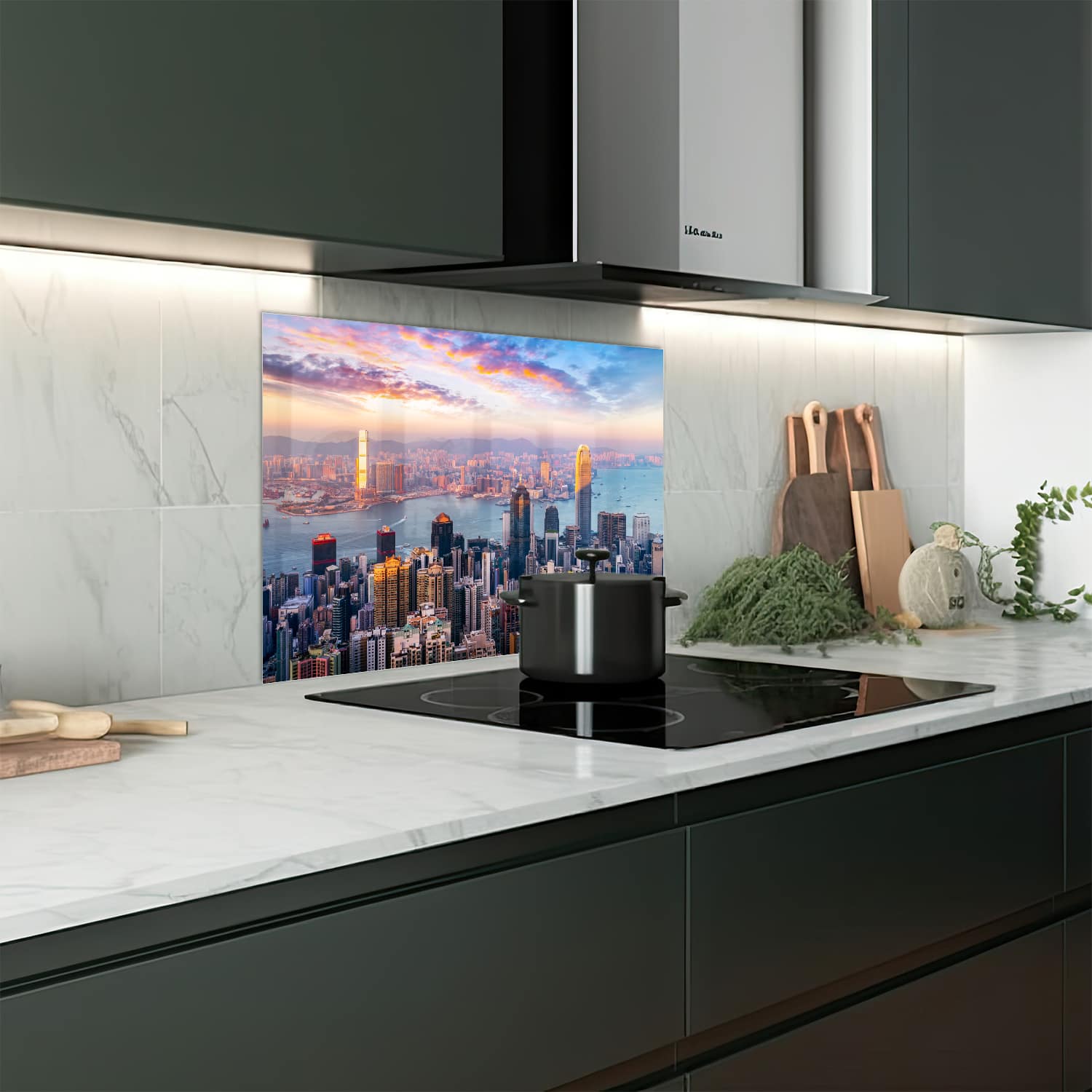 Eigen afmeting spatscherm-op-maat Keuken - Hittebestendig gehard glas - Hong Kong Skyline