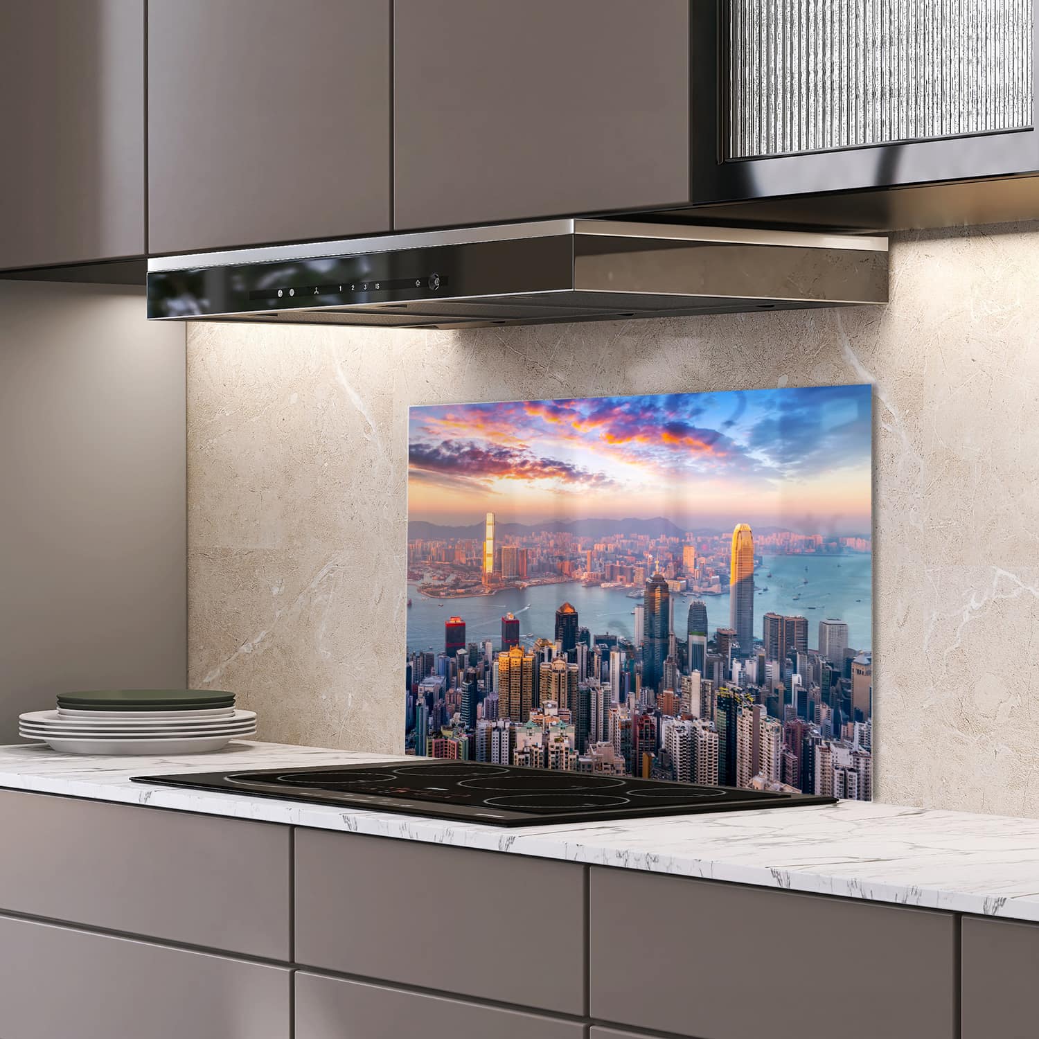 Eigen afmeting spatscherm-op-maat Keuken - Hittebestendig gehard glas - Hong Kong Skyline