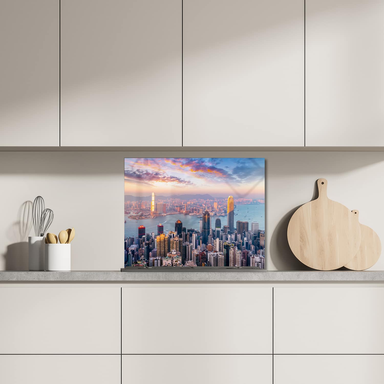Eigen afmeting spatscherm-op-maat Keuken - Hittebestendig gehard glas - Hong Kong Skyline