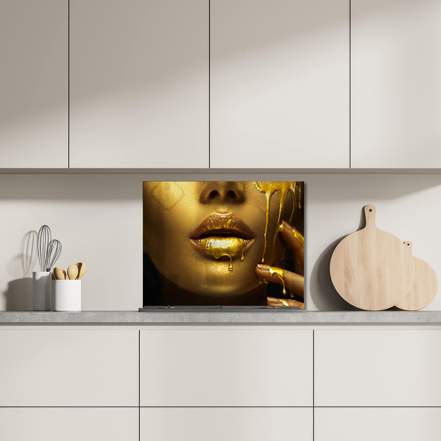 Eigen afmeting spatscherm-op-maat Keuken - Hittebestendig gehard glas - Gouden Verf op Gezicht