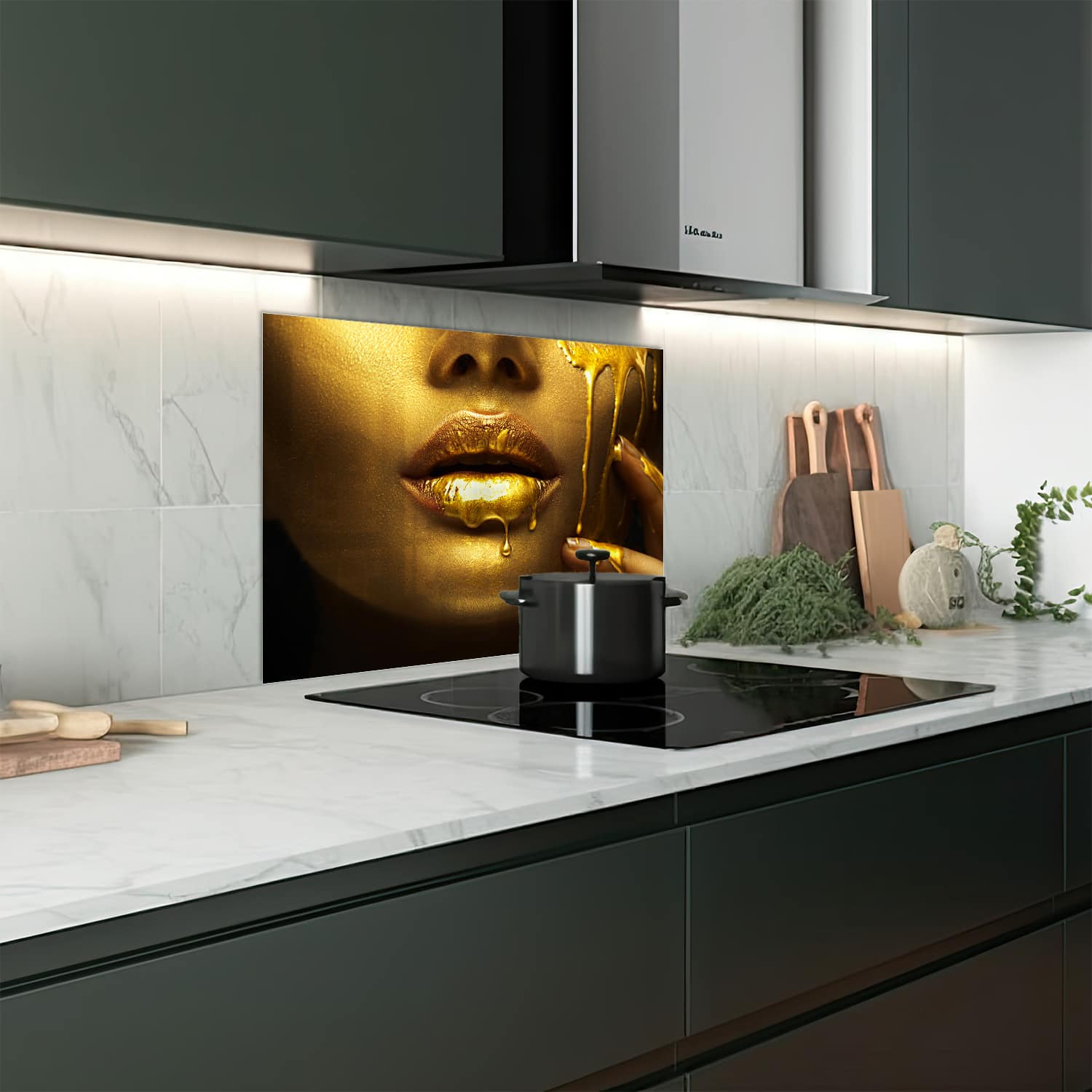 Eigen afmeting spatscherm-op-maat Keuken - Hittebestendig gehard glas - Gouden Verf op Gezicht
