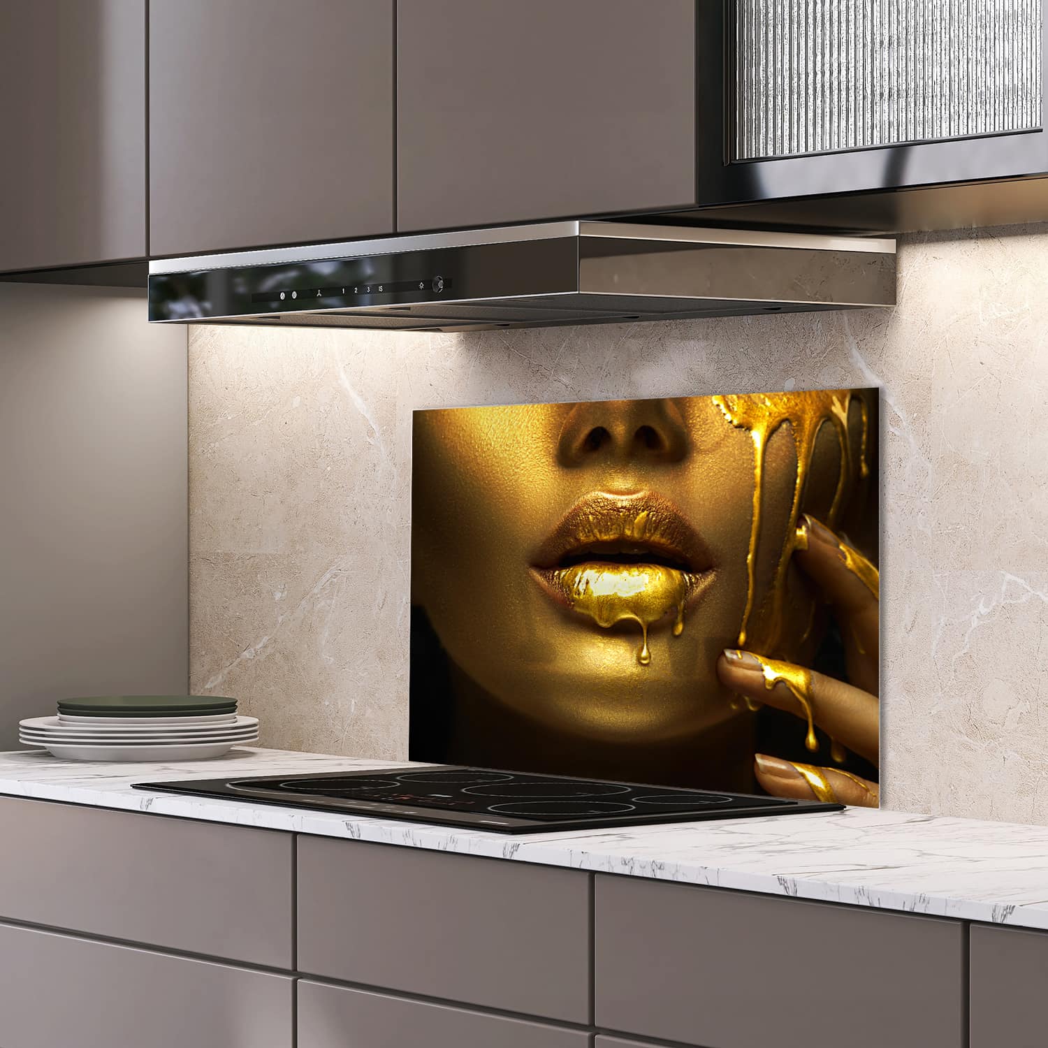 Eigen afmeting spatscherm-op-maat Keuken - Hittebestendig gehard glas - Gouden Verf op Gezicht