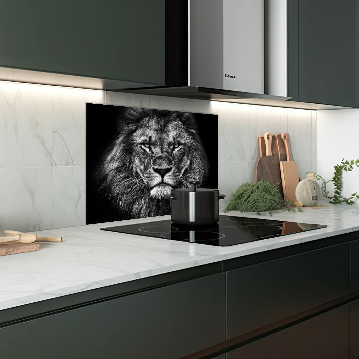 Eigen afmeting spatscherm-op-maat Keuken - Hittebestendig gehard glas - Zwart/Wit Leeuw
