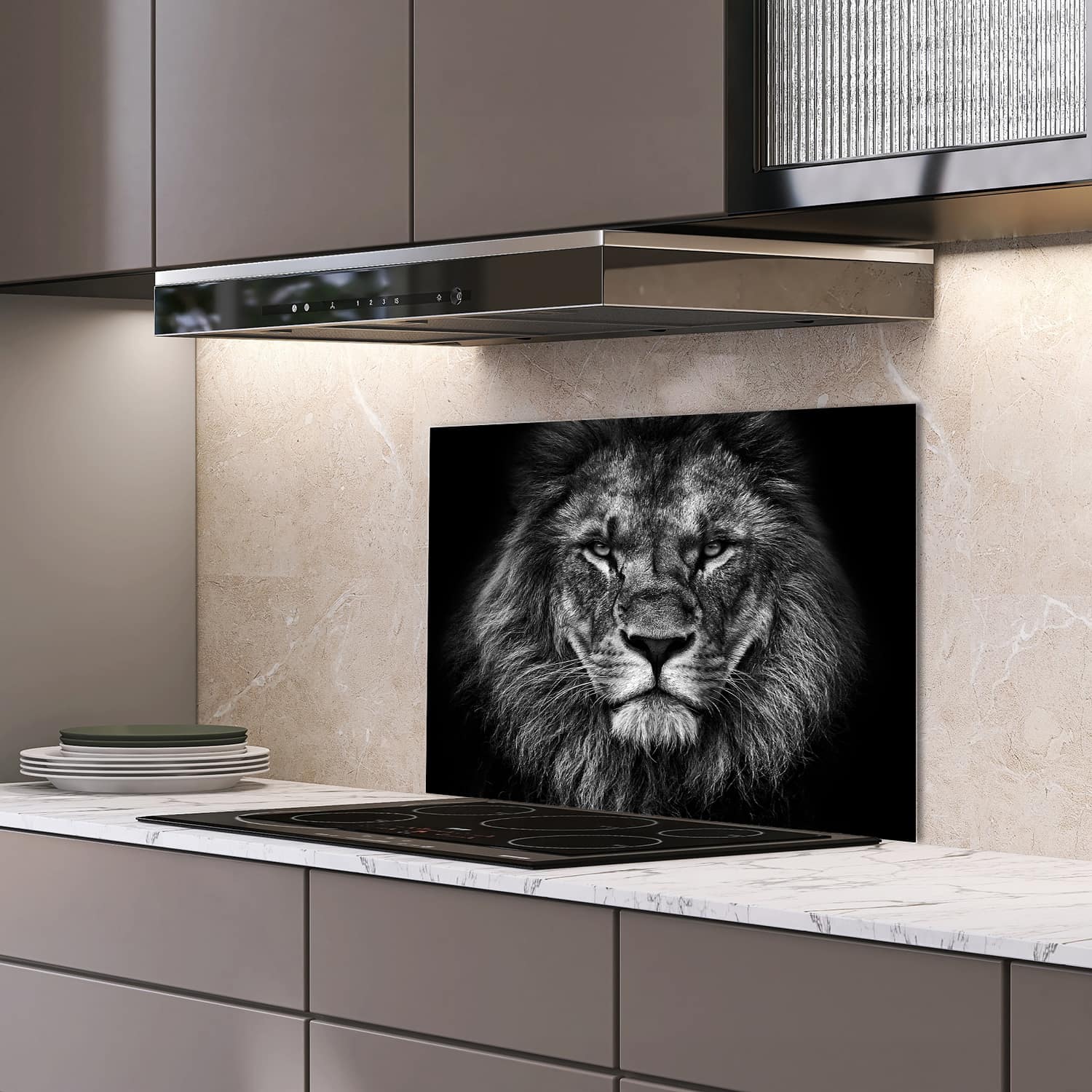 Eigen afmeting spatscherm-op-maat Keuken - Hittebestendig gehard glas - Zwart/Wit Leeuw