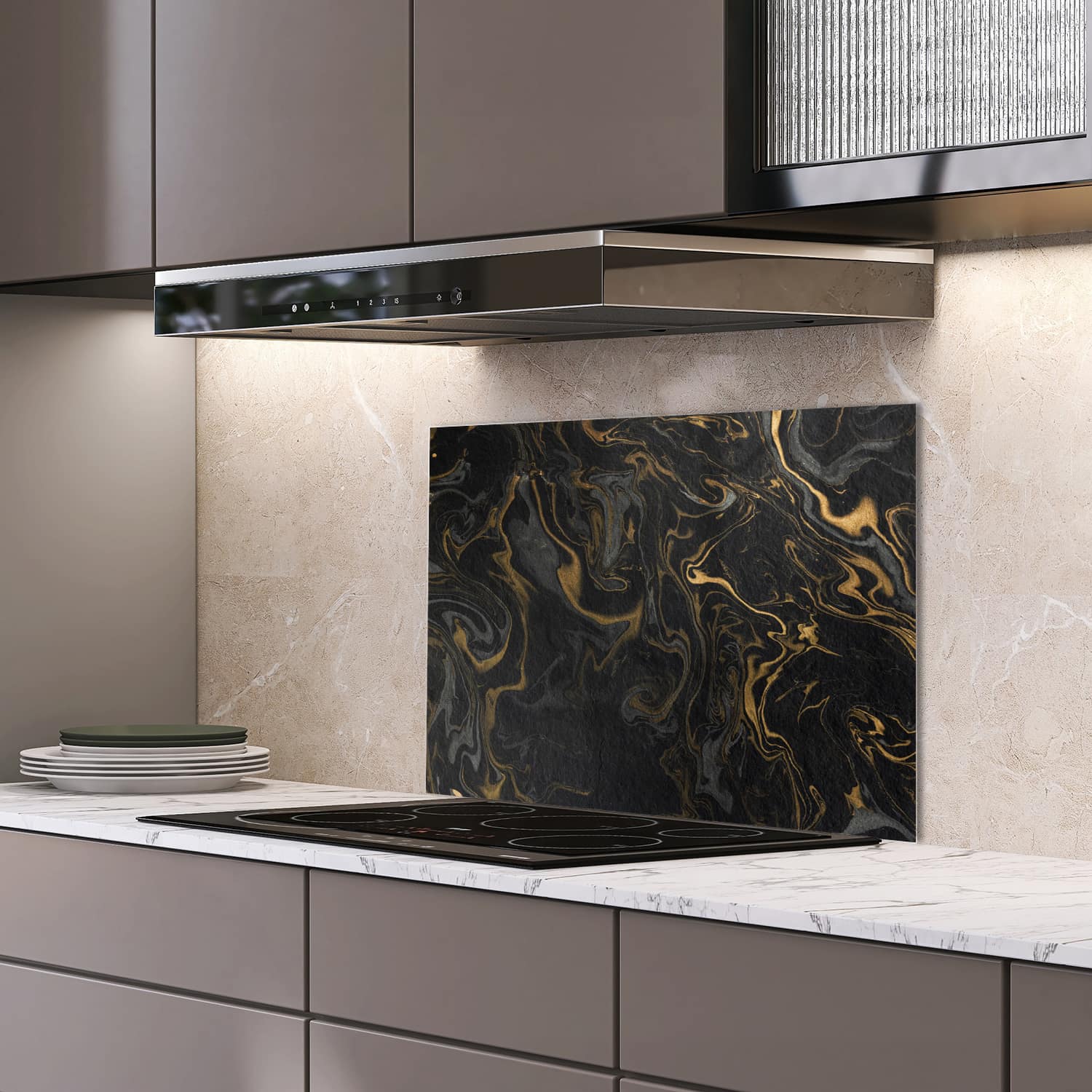 Eigen afmeting spatscherm-op-maat Keuken - Hittebestendig gehard glas - Zwart-Goud Marmerpatroon