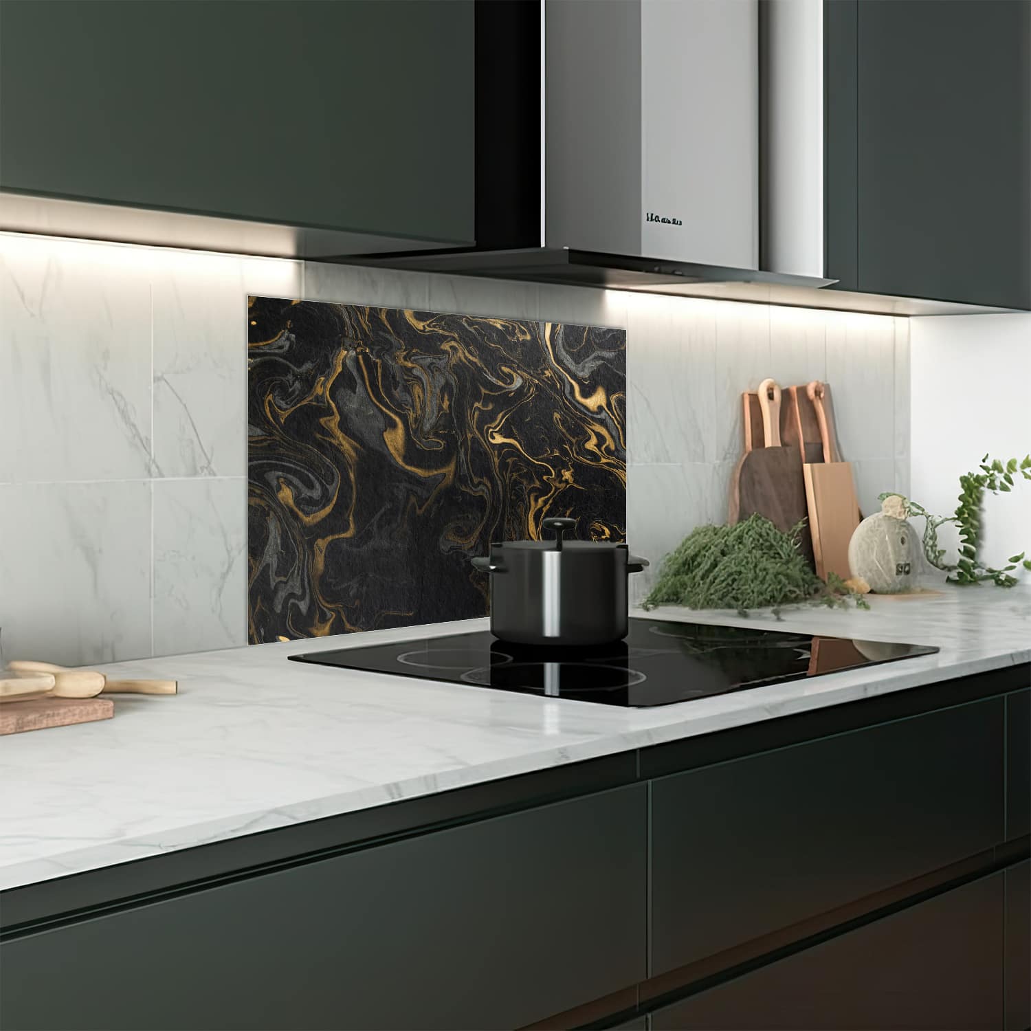 Eigen afmeting spatscherm-op-maat Keuken - Hittebestendig gehard glas - Zwart-Goud Marmerpatroon