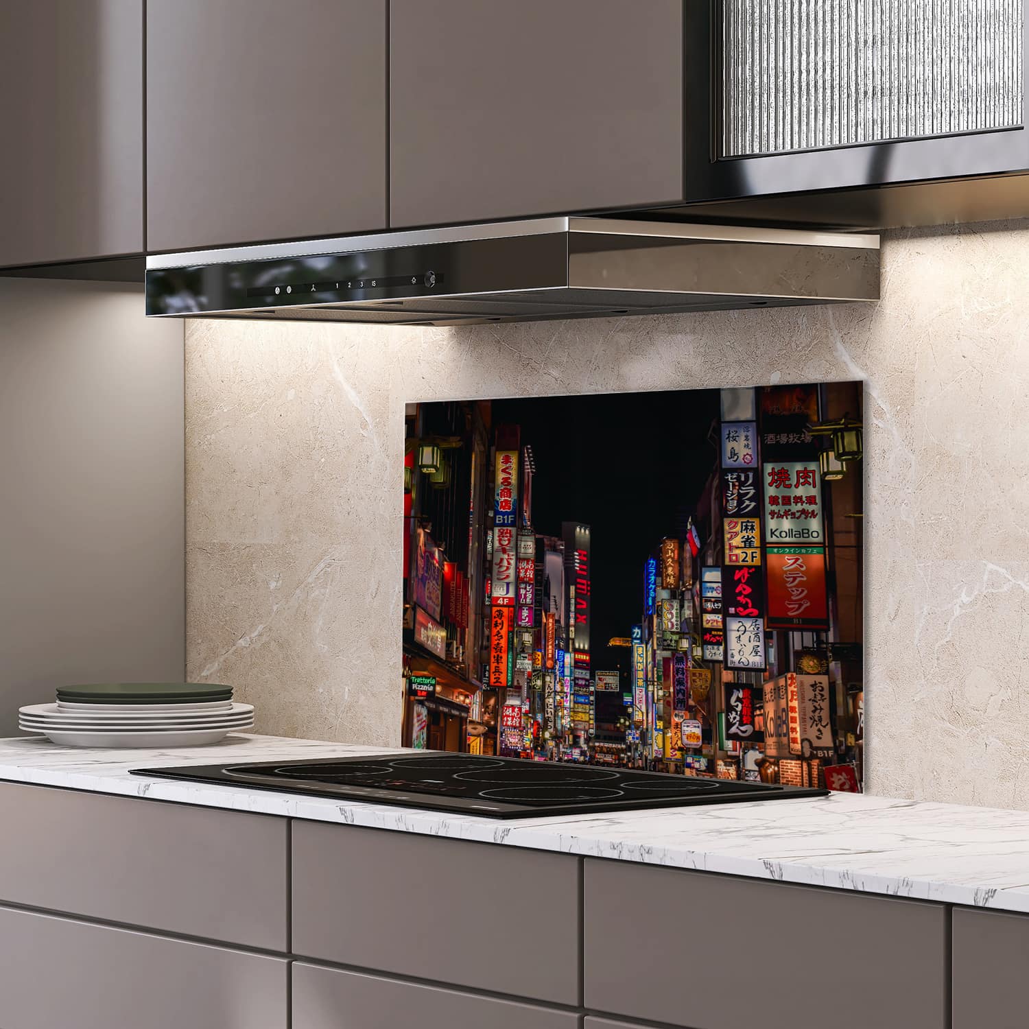 Eigen afmeting spatscherm-op-maat Keuken - Hittebestendig gehard glas - Kabukicho Shinjuku Neonlichten