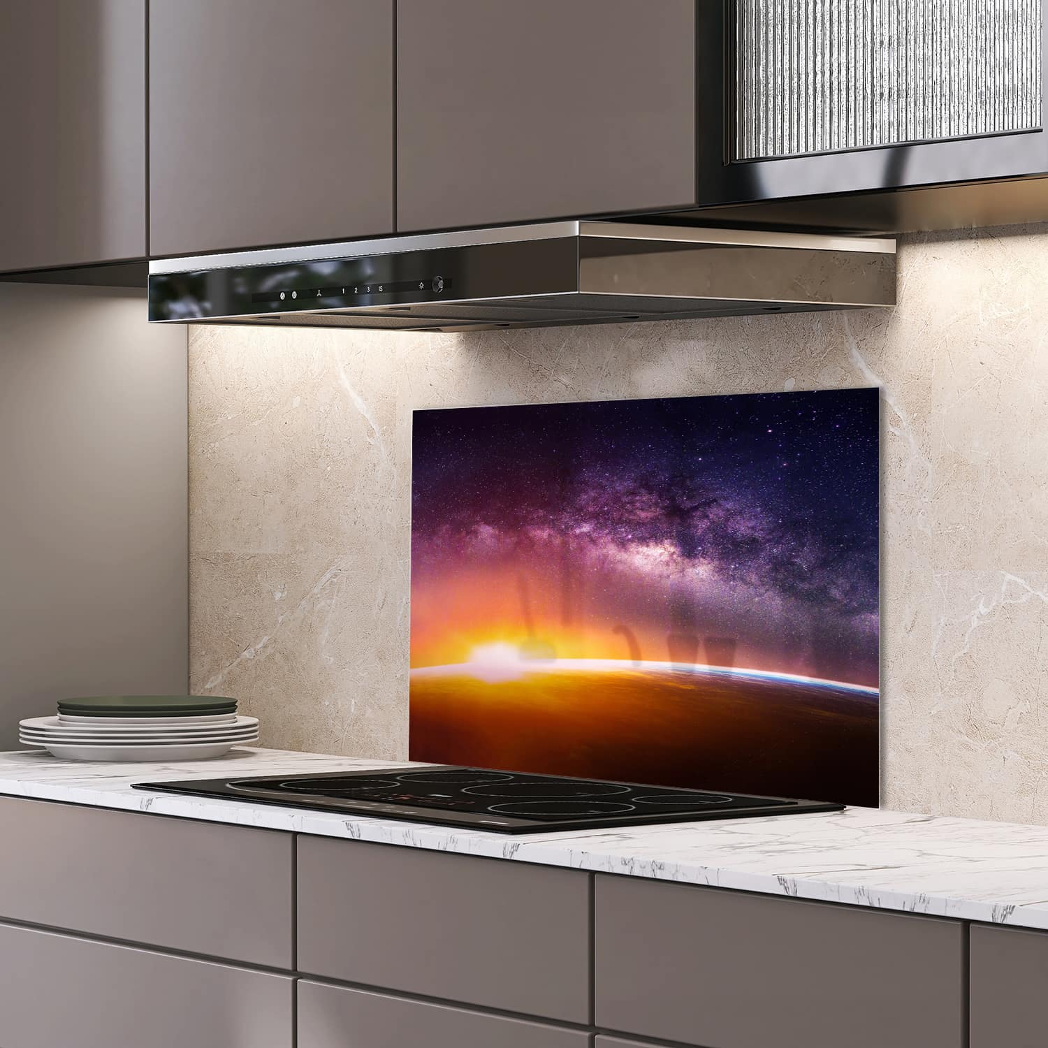 Eigen afmeting spatscherm-op-maat Keuken - Hittebestendig gehard glas - Landschap met Melkwegstelsel