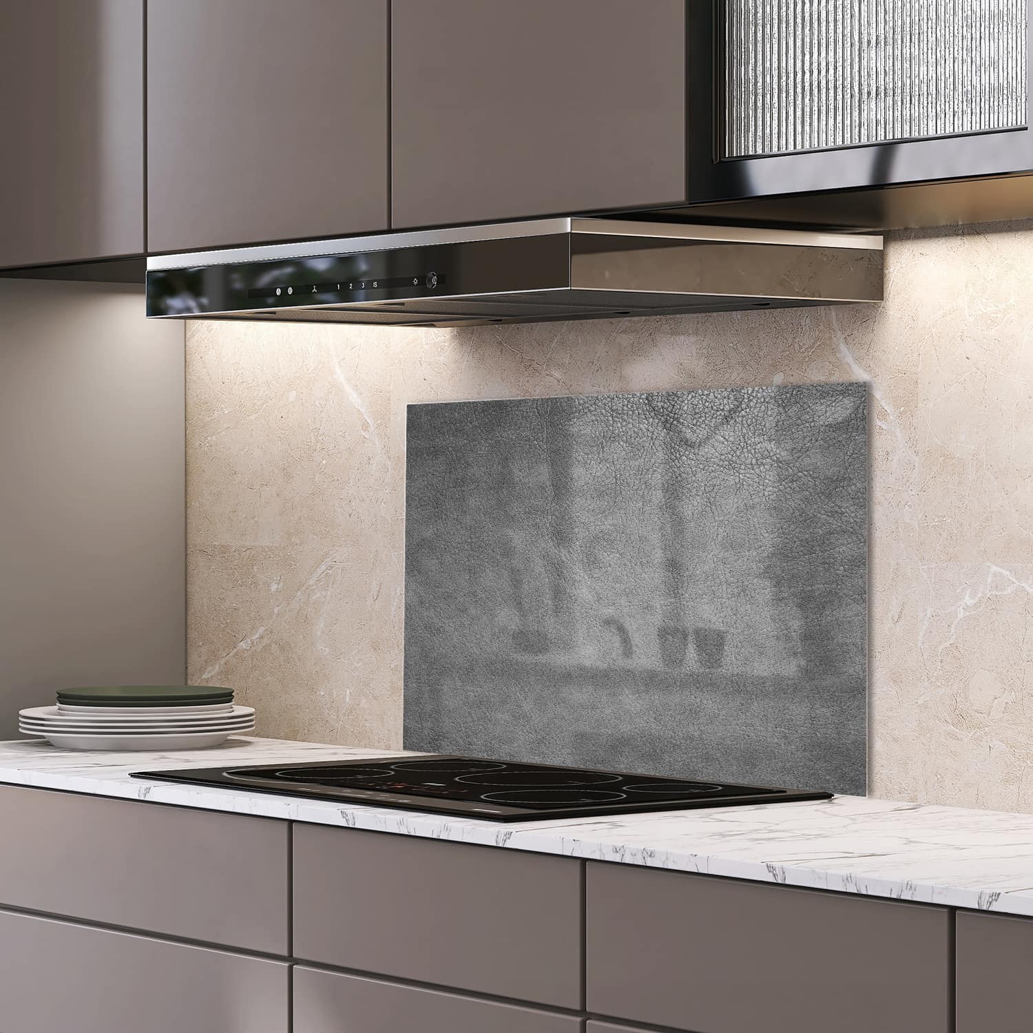 Eigen afmeting spatscherm-op-maat Keuken - Hittebestendig gehard glas - Grijs Leer
