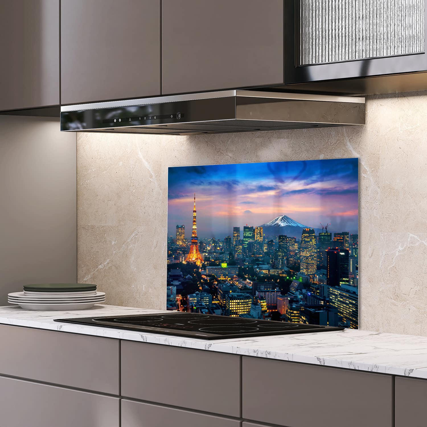 Eigen afmeting spatscherm-op-maat Keuken - Hittebestendig gehard glas - Tokyo met de Fuji-berg