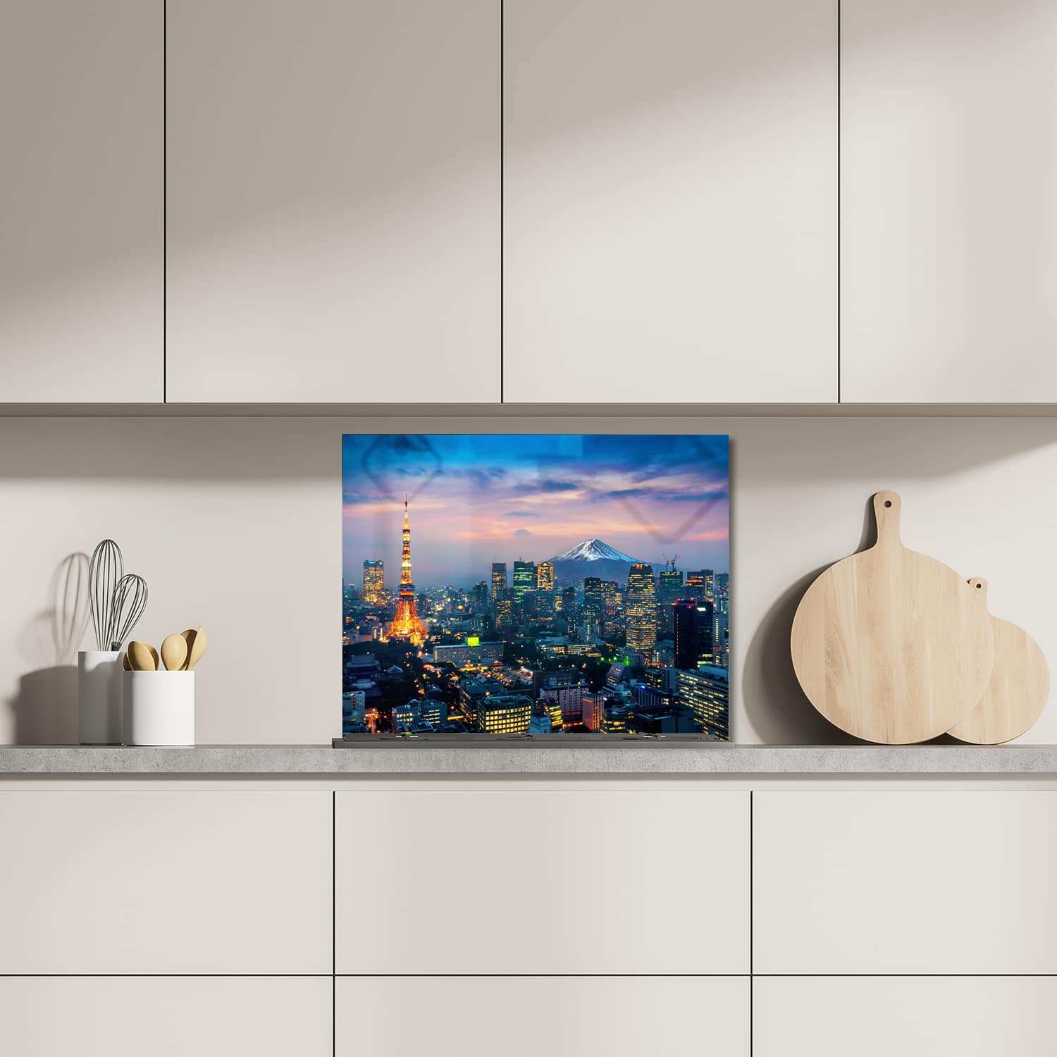 Eigen afmeting spatscherm-op-maat Keuken - Hittebestendig gehard glas - Tokyo met de Fuji-berg