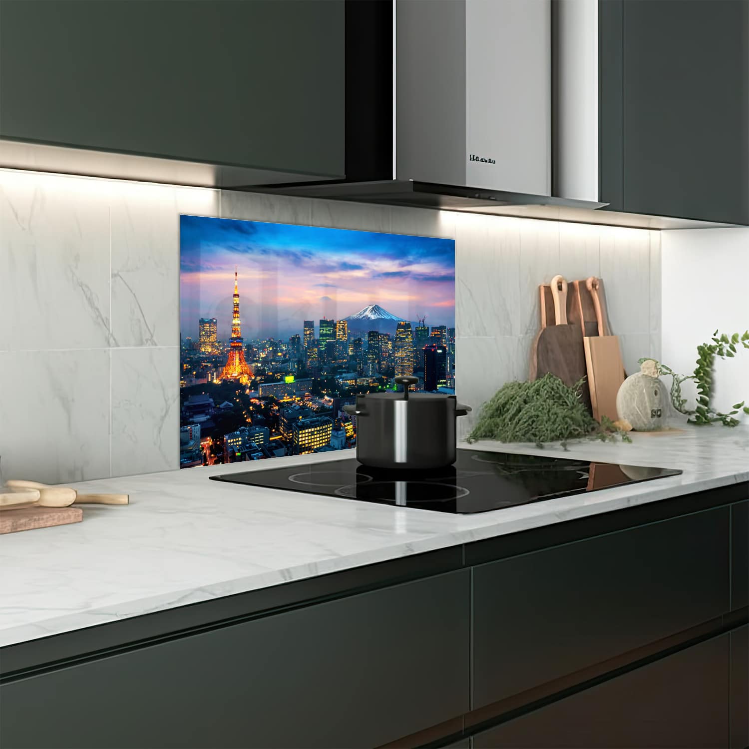 Eigen afmeting spatscherm-op-maat Keuken - Hittebestendig gehard glas - Tokyo met de Fuji-berg