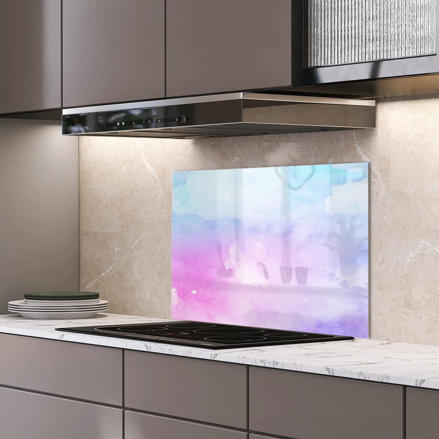Eigen afmeting spatscherm-op-maat Keuken - Hittebestendig gehard glas - Roze-Blauwe Waterverf
