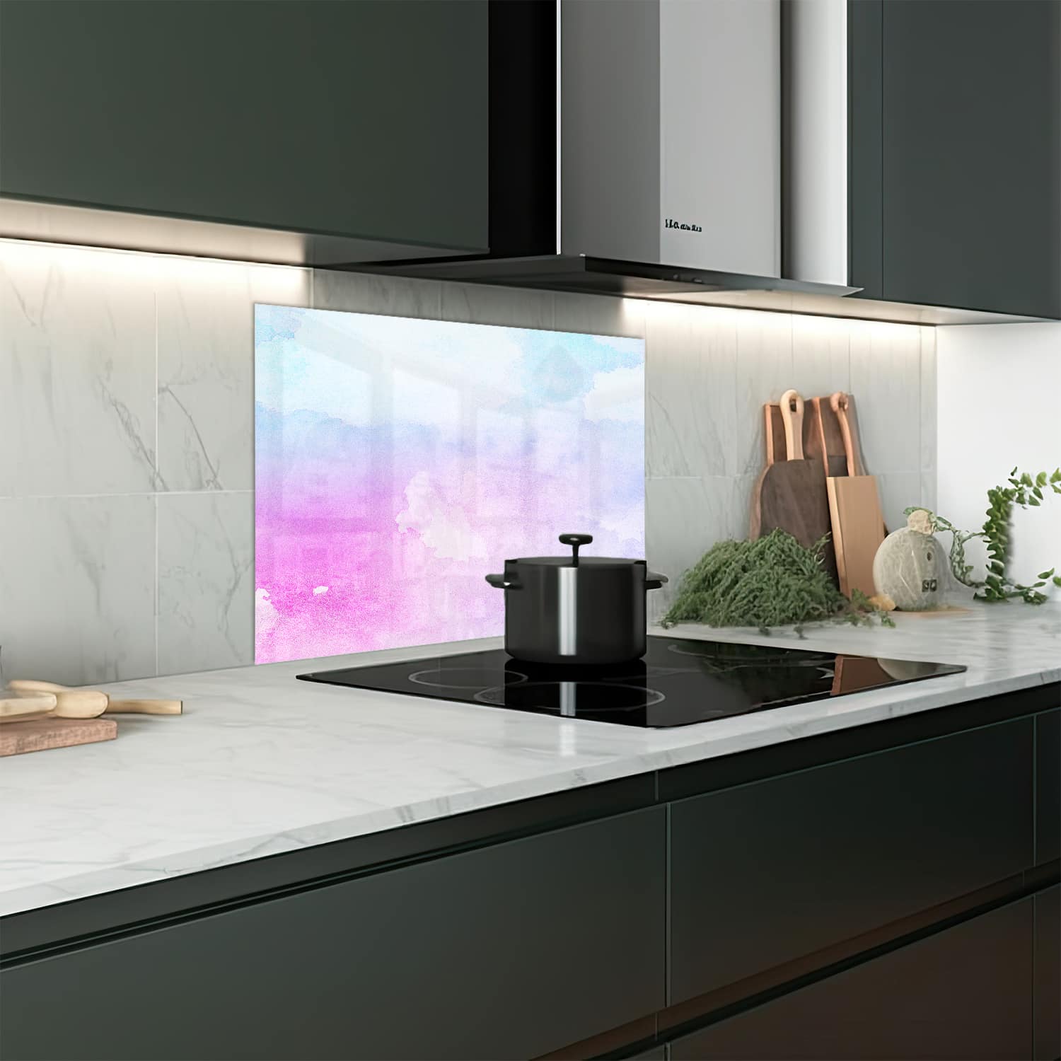 Eigen afmeting spatscherm-op-maat Keuken - Hittebestendig gehard glas - Roze-Blauwe Waterverf