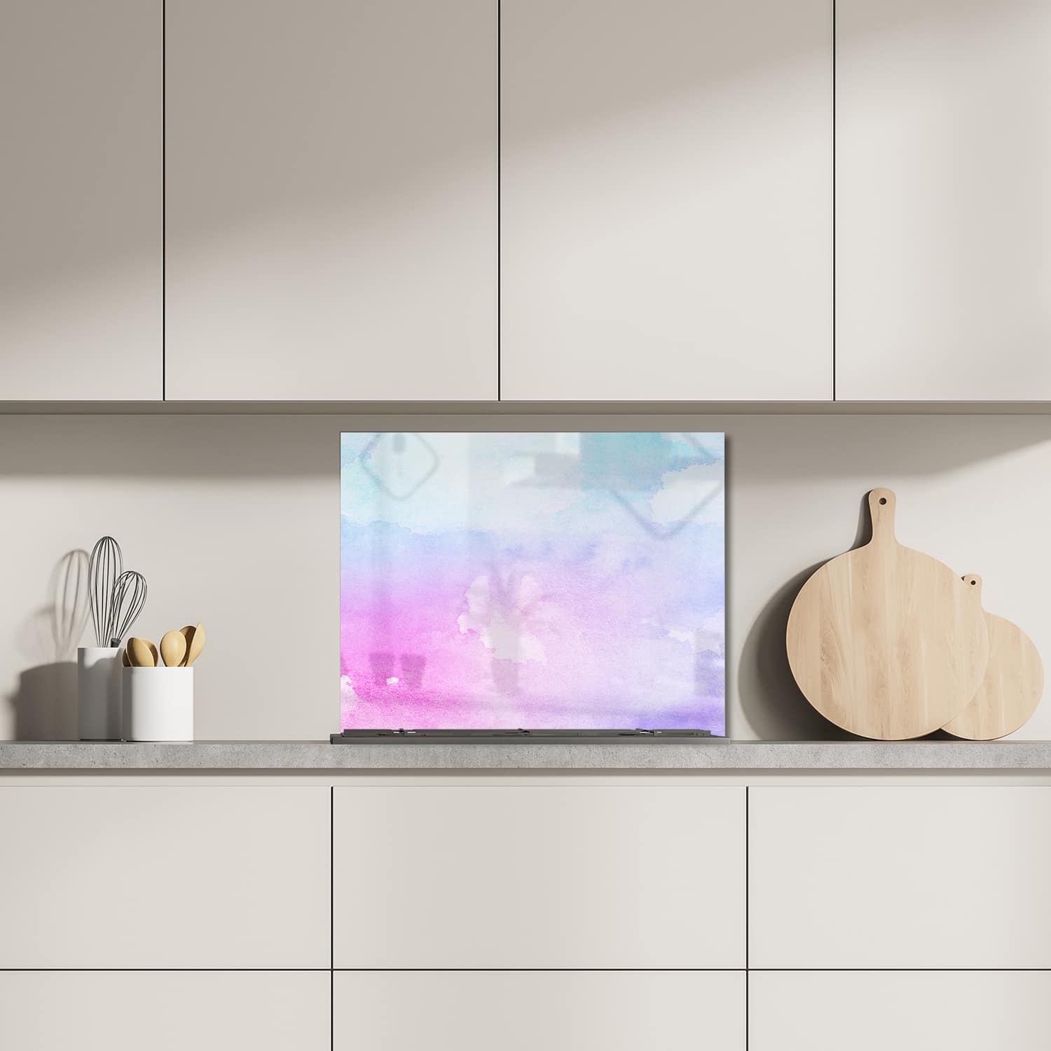 Eigen afmeting spatscherm-op-maat Keuken - Hittebestendig gehard glas - Roze-Blauwe Waterverf