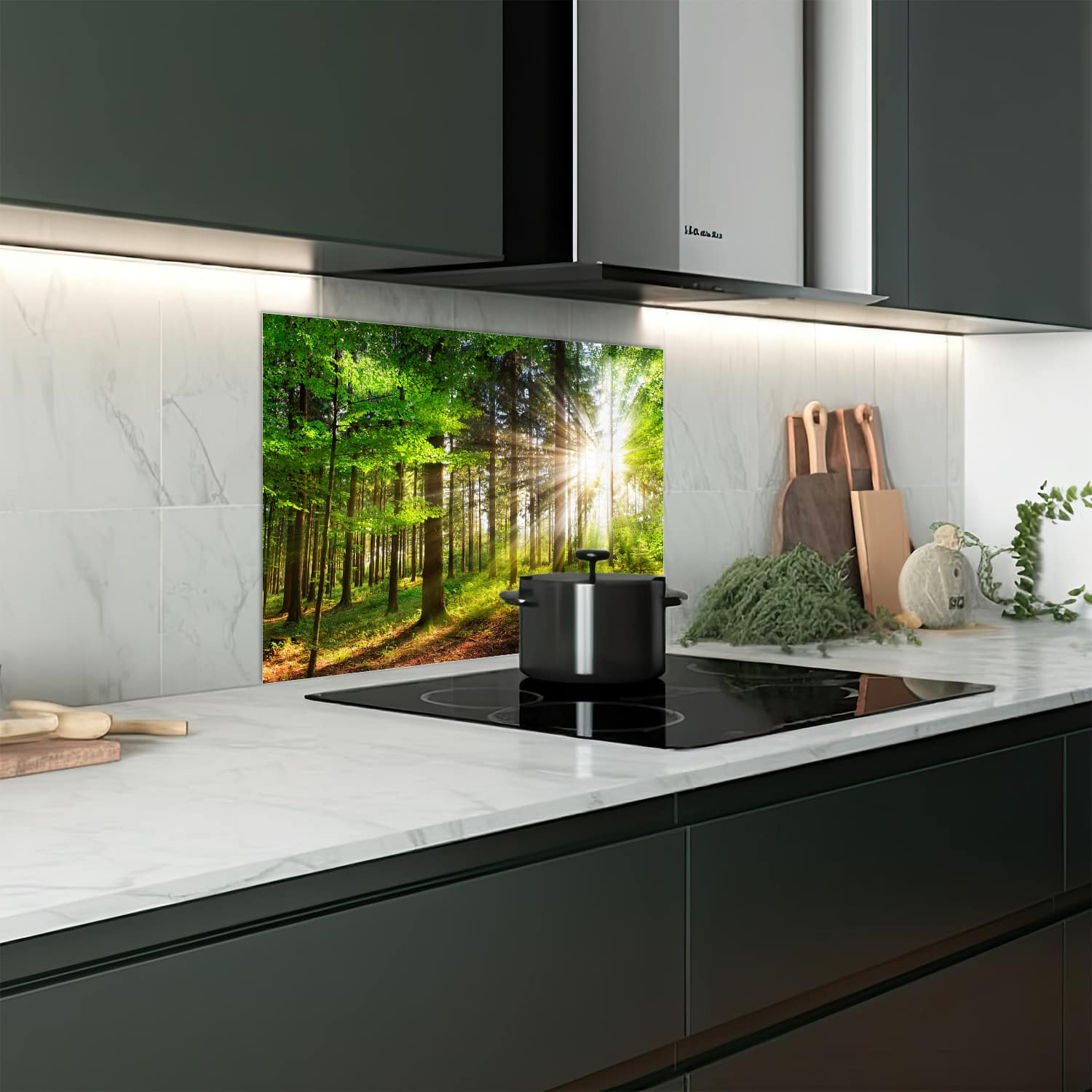 Eigen afmeting spatscherm-op-maat Keuken - Hittebestendig gehard glas - Zonlicht in het Bos