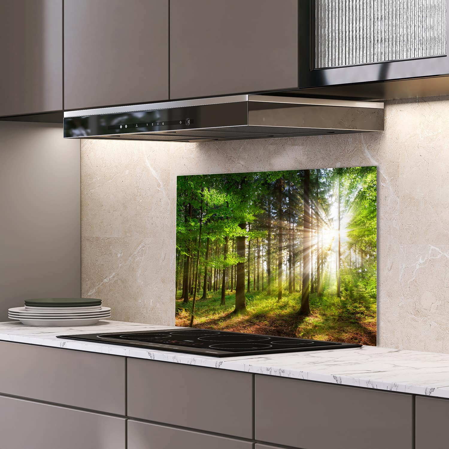 Eigen afmeting spatscherm-op-maat Keuken - Hittebestendig gehard glas - Zonlicht in het Bos
