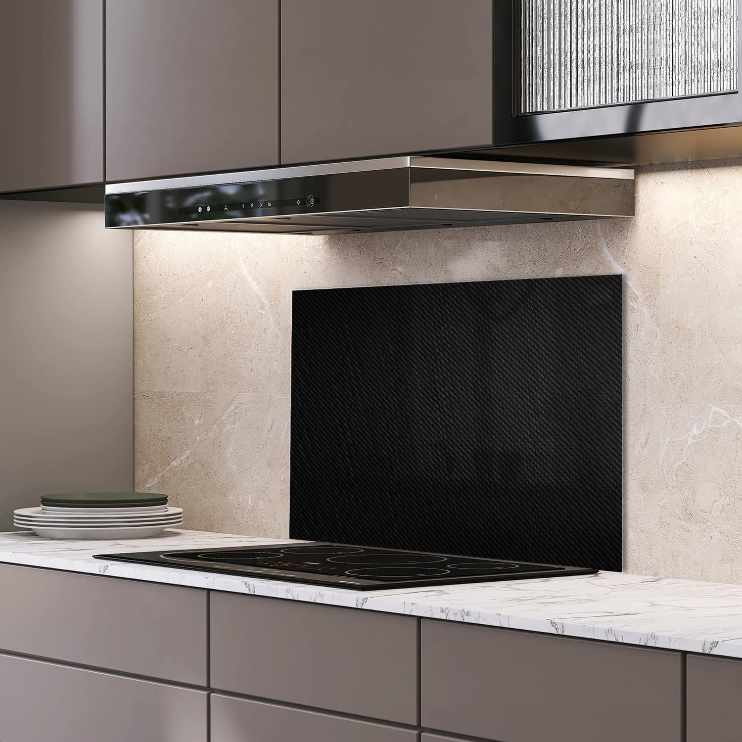 Eigen afmeting spatscherm-op-maat Keuken - Hittebestendig gehard glas - Carbon Fiber