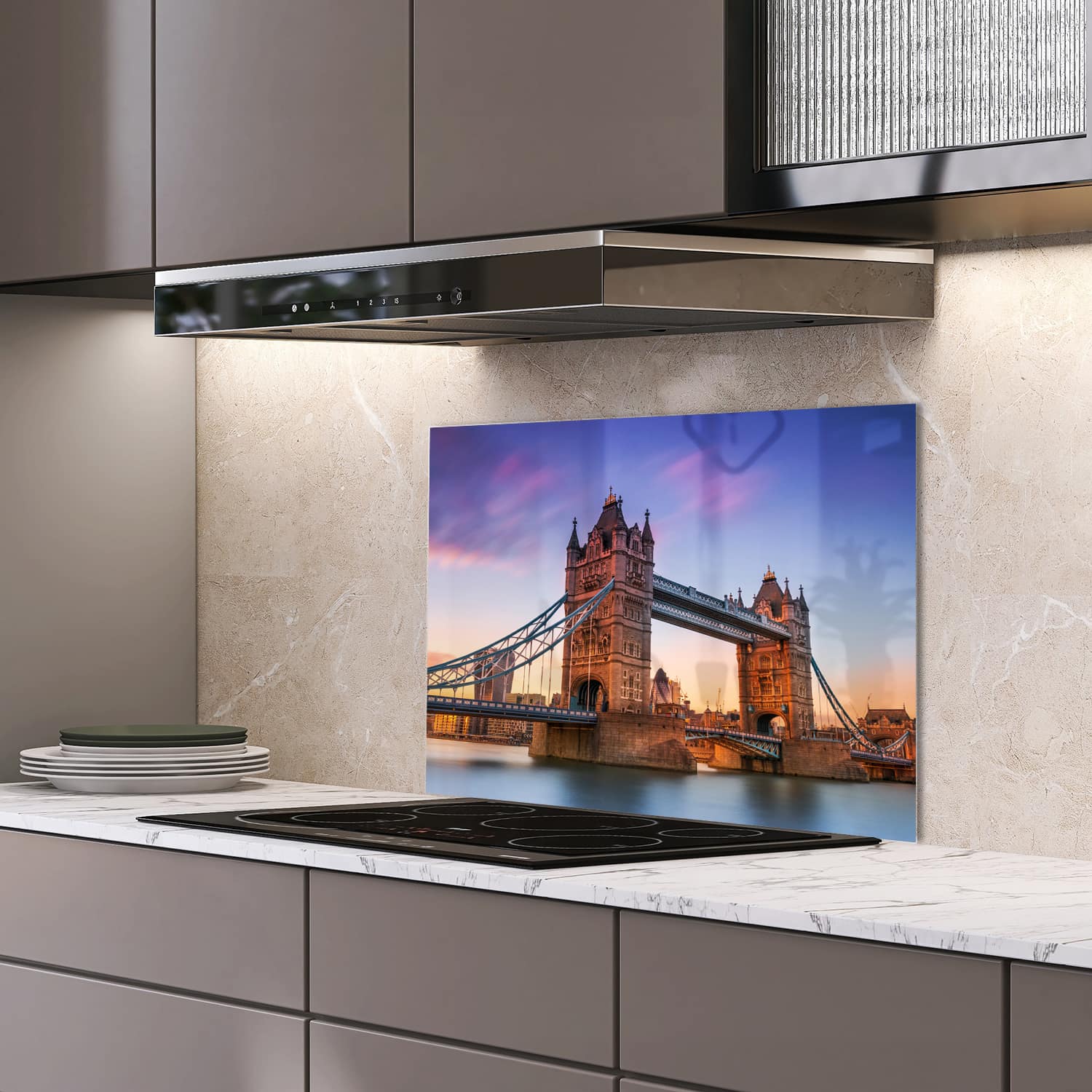 Eigen afmeting spatscherm-op-maat Keuken - Hittebestendig gehard glas - Tower Bridge bij Zonsondergang