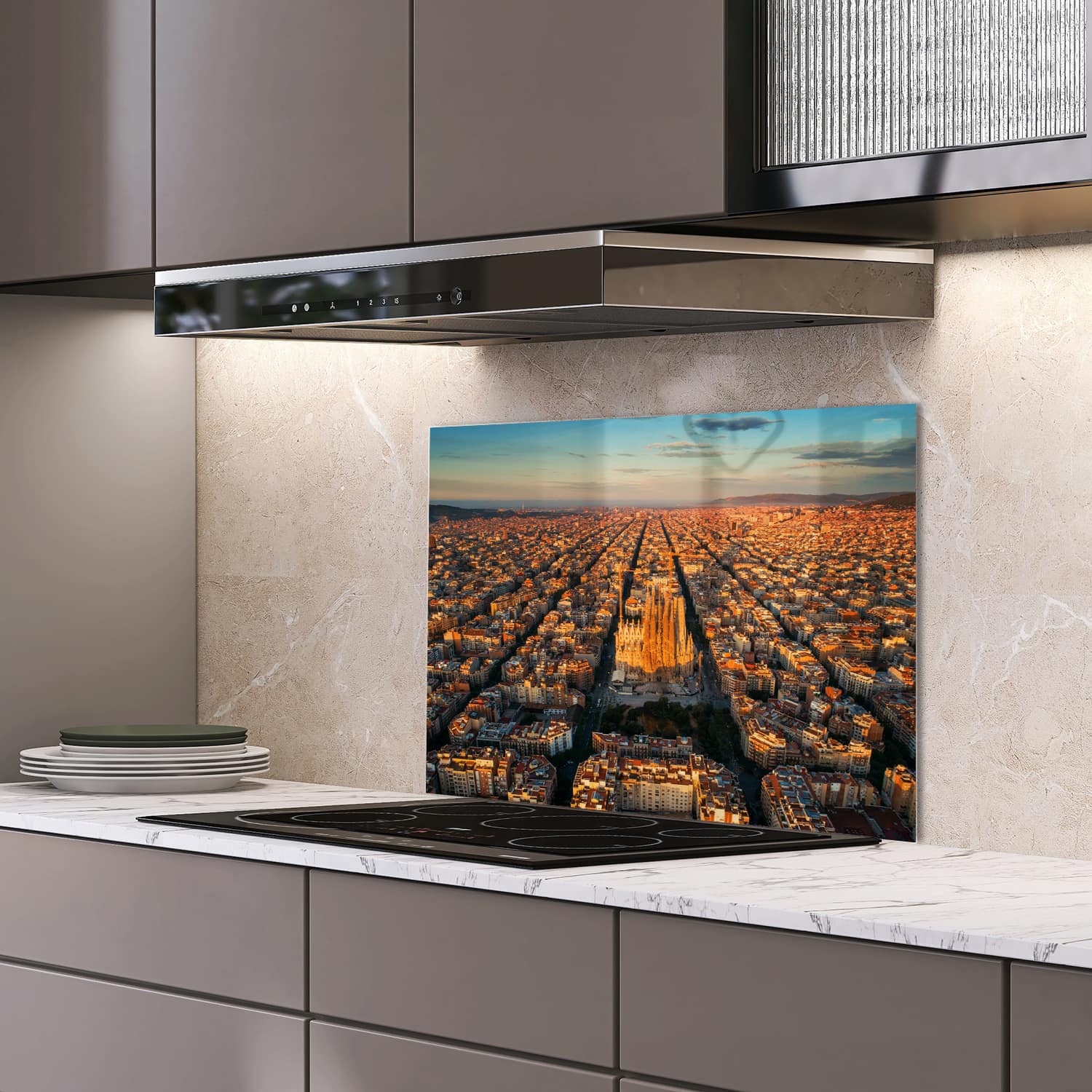 Eigen afmeting spatscherm-op-maat Keuken - Hittebestendig gehard glas - Luchtfoto van Sagrada Familia