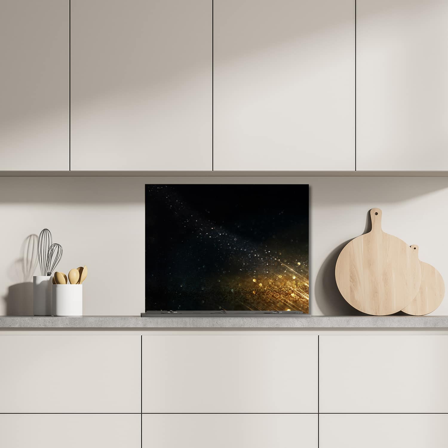 Eigen afmeting spatscherm-op-maat Keuken - Hittebestendig gehard glas - Zwart-Gouden Glitterachtergrond