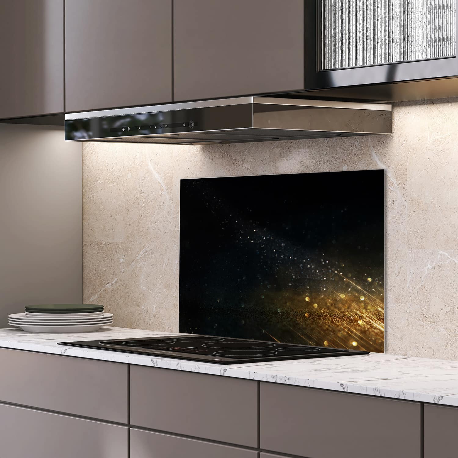 Eigen afmeting spatscherm-op-maat Keuken - Hittebestendig gehard glas - Zwart-Gouden Glitterachtergrond