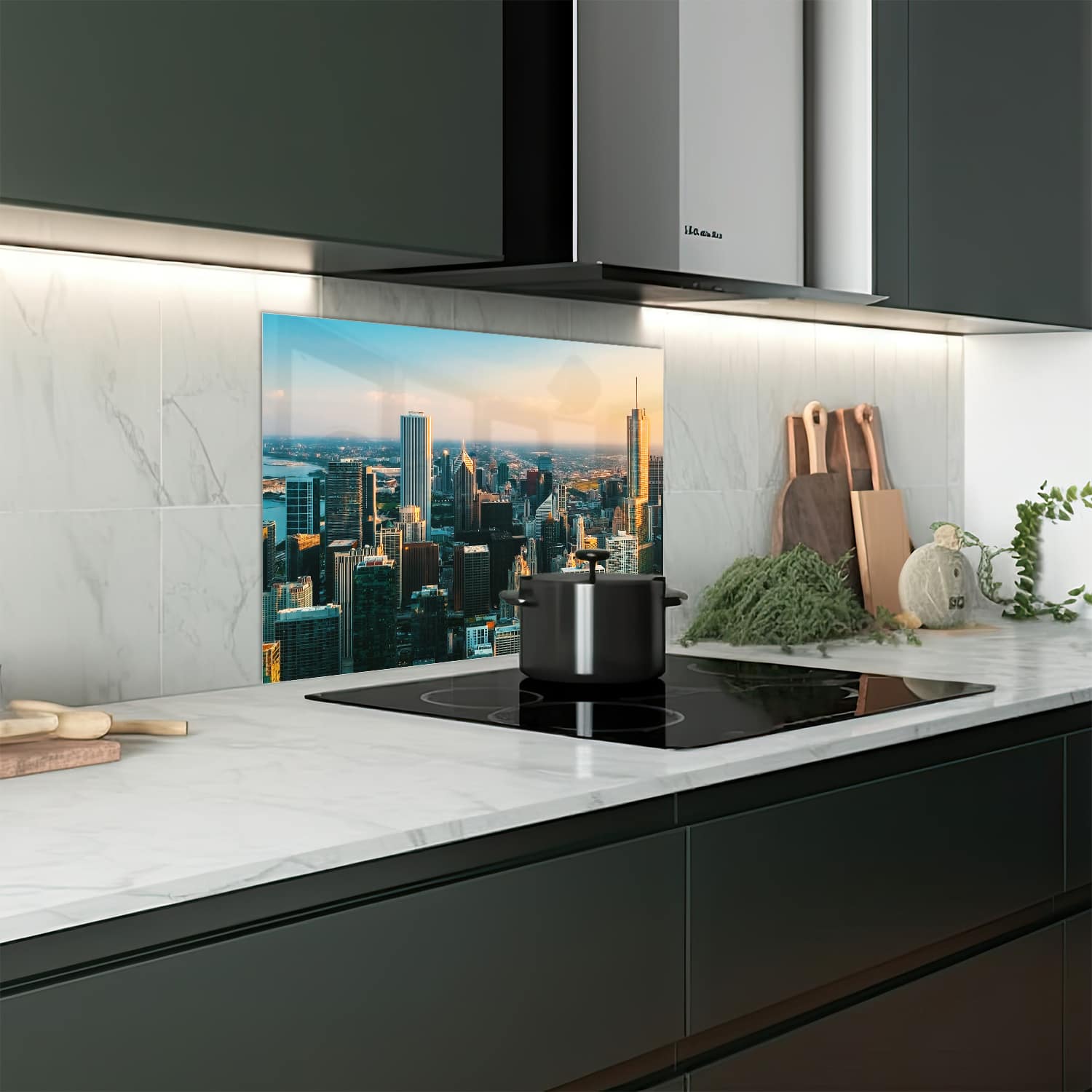 Eigen afmeting spatscherm-op-maat Keuken - Hittebestendig gehard glas - Chicago Skyline bij Zonsondergang